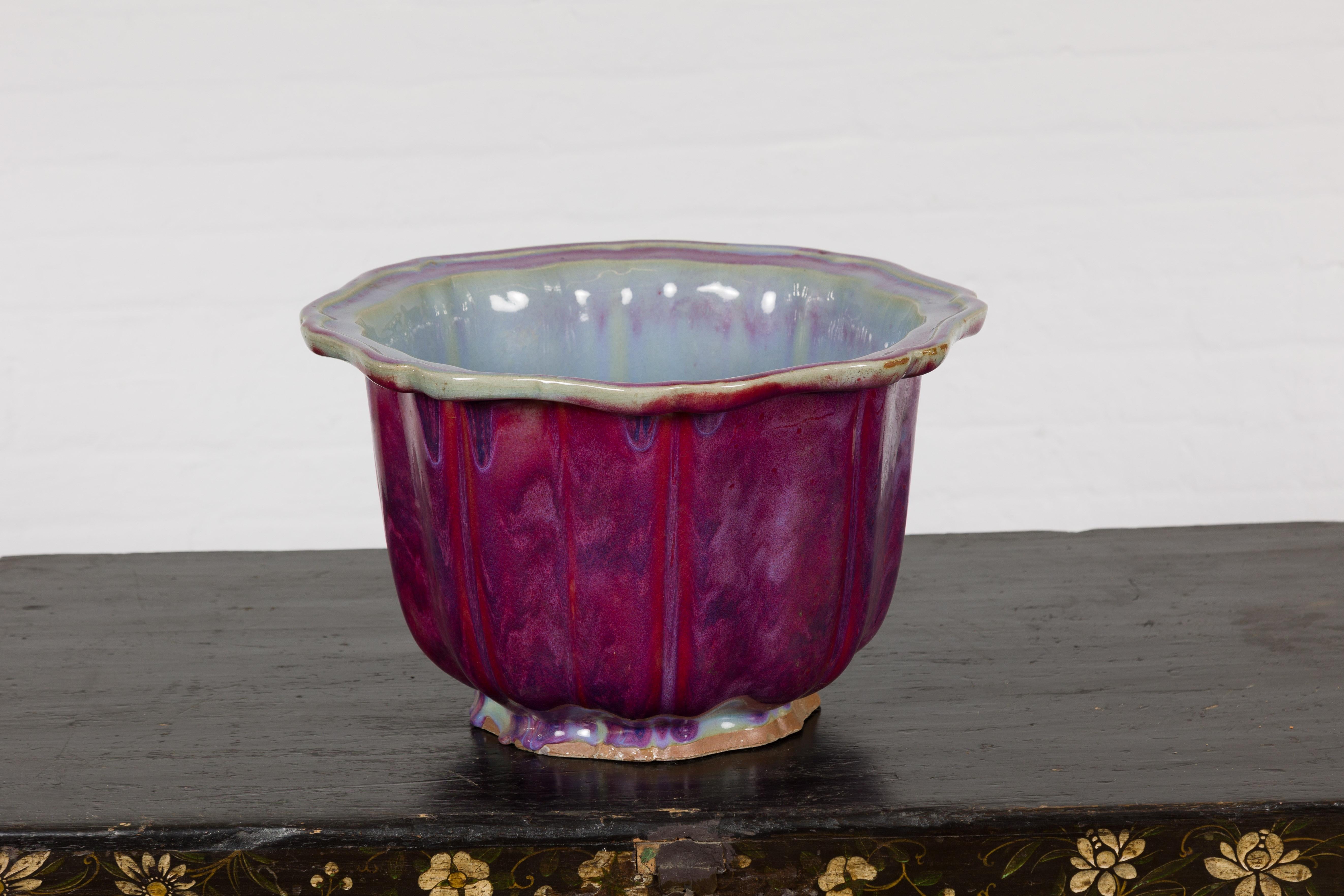 Vintage Chinese Purple, Blue and Red Glazed Flower Pot with Scalloped Top 1