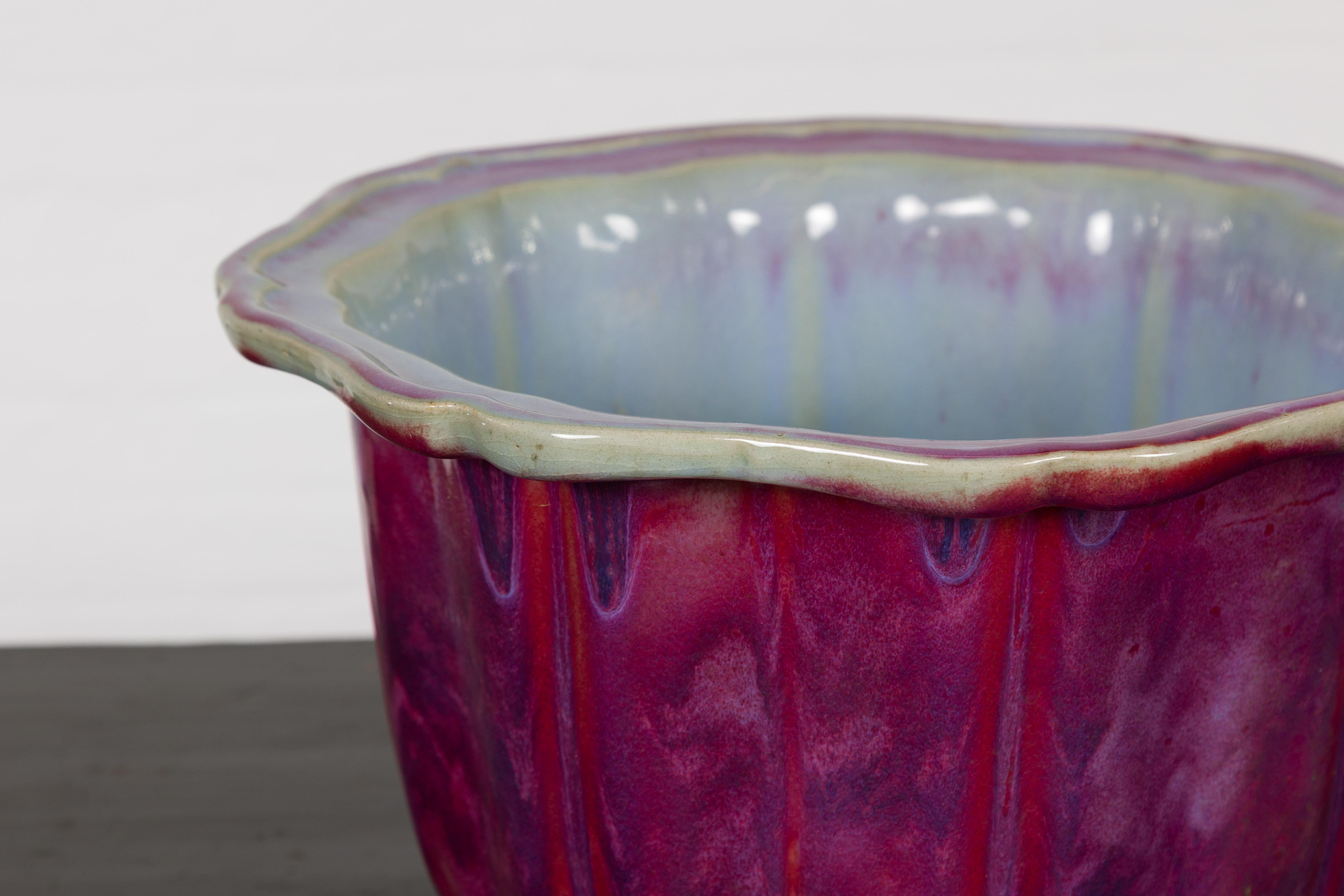 Vintage Chinese Purple, Blue and Red Glazed Flower Pot with Scalloped Top 2