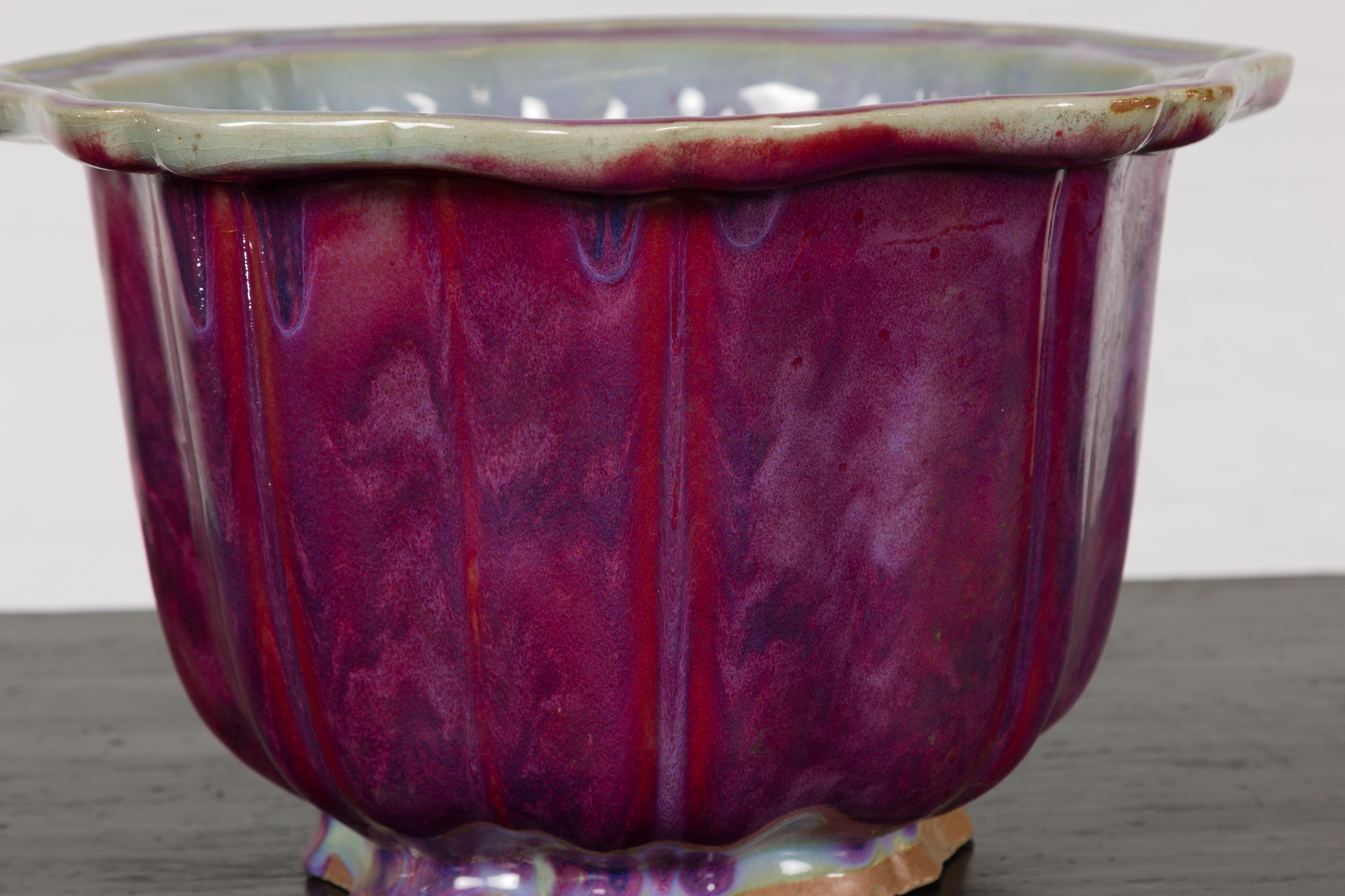 Vintage Chinese Purple, Blue and Red Glazed Flower Pot with Scalloped Top 4