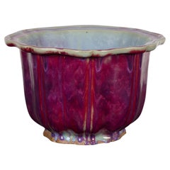 Vintage Chinese Purple, Blue and Red Glazed Flower Pot with Scalloped Top