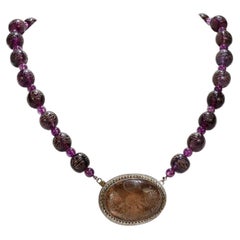 Vintage Chinese Purple Peking Glass & Amethyst Beaded Pendant Necklace