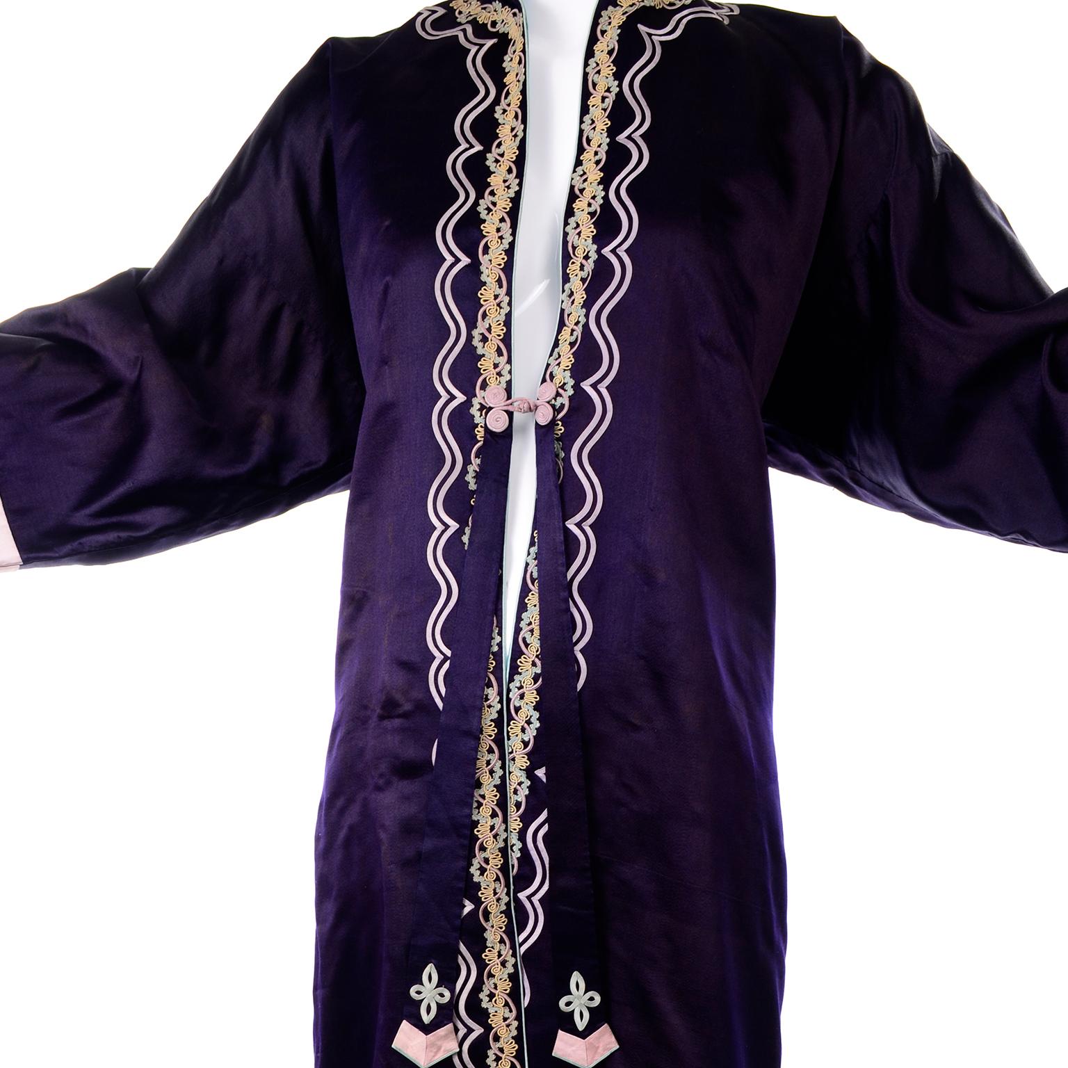 Vintage Chinese Purple & Pink Silk Embroidered Jacket W Ribbon & Soutache Trim 2