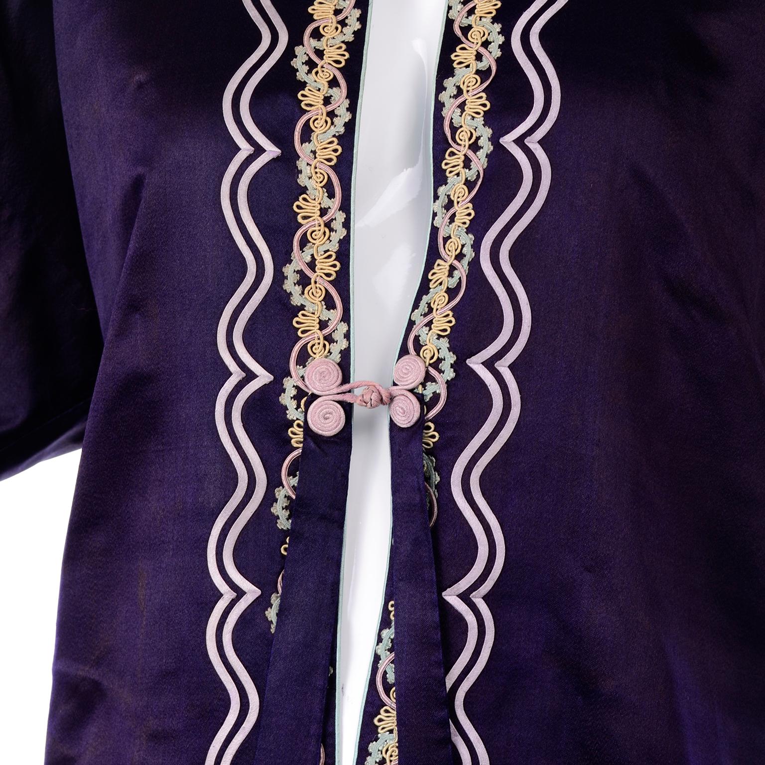 Vintage Chinese Purple & Pink Silk Embroidered Jacket W Ribbon & Soutache Trim 4
