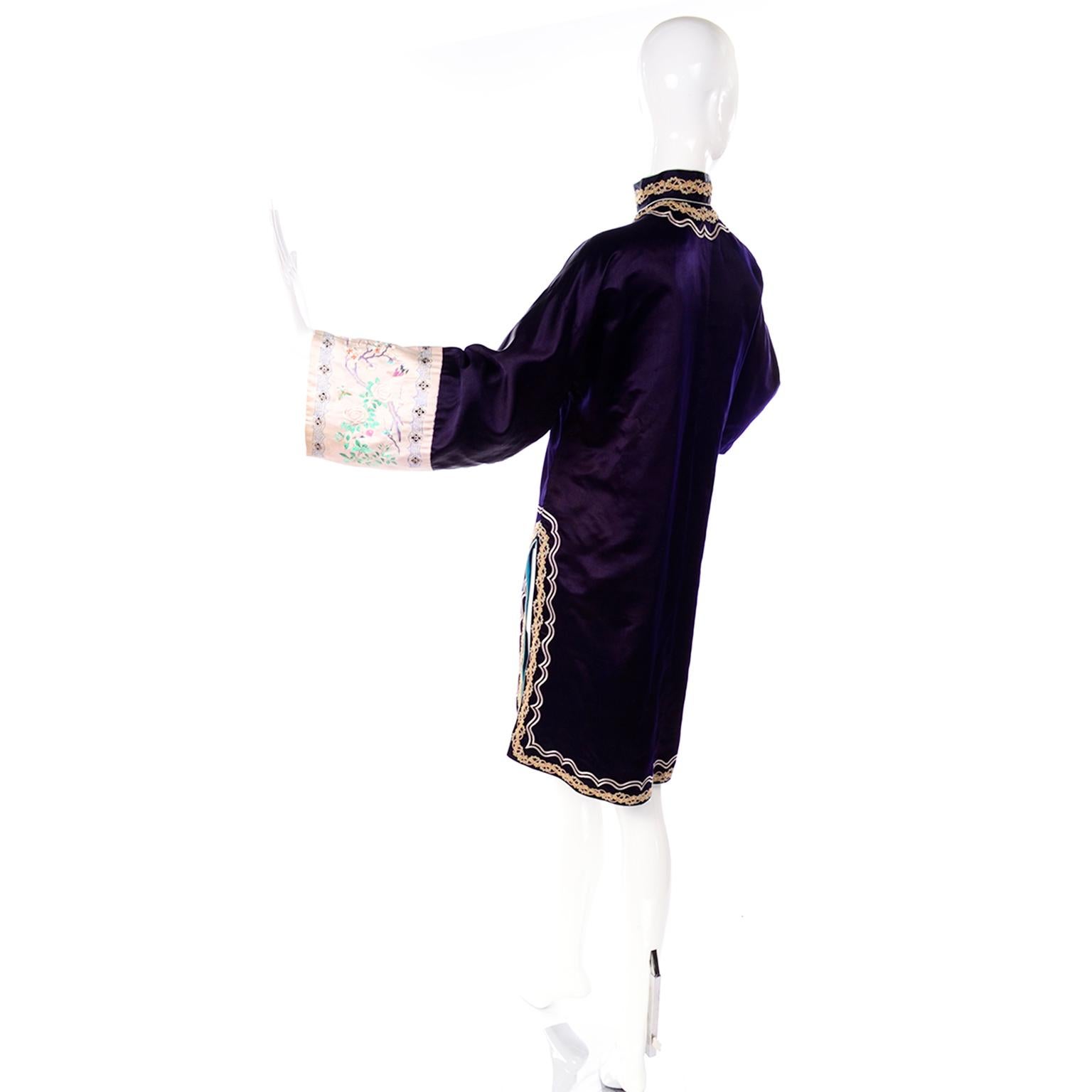 Black Vintage Chinese Purple & Pink Silk Embroidered Jacket W Ribbon & Soutache Trim