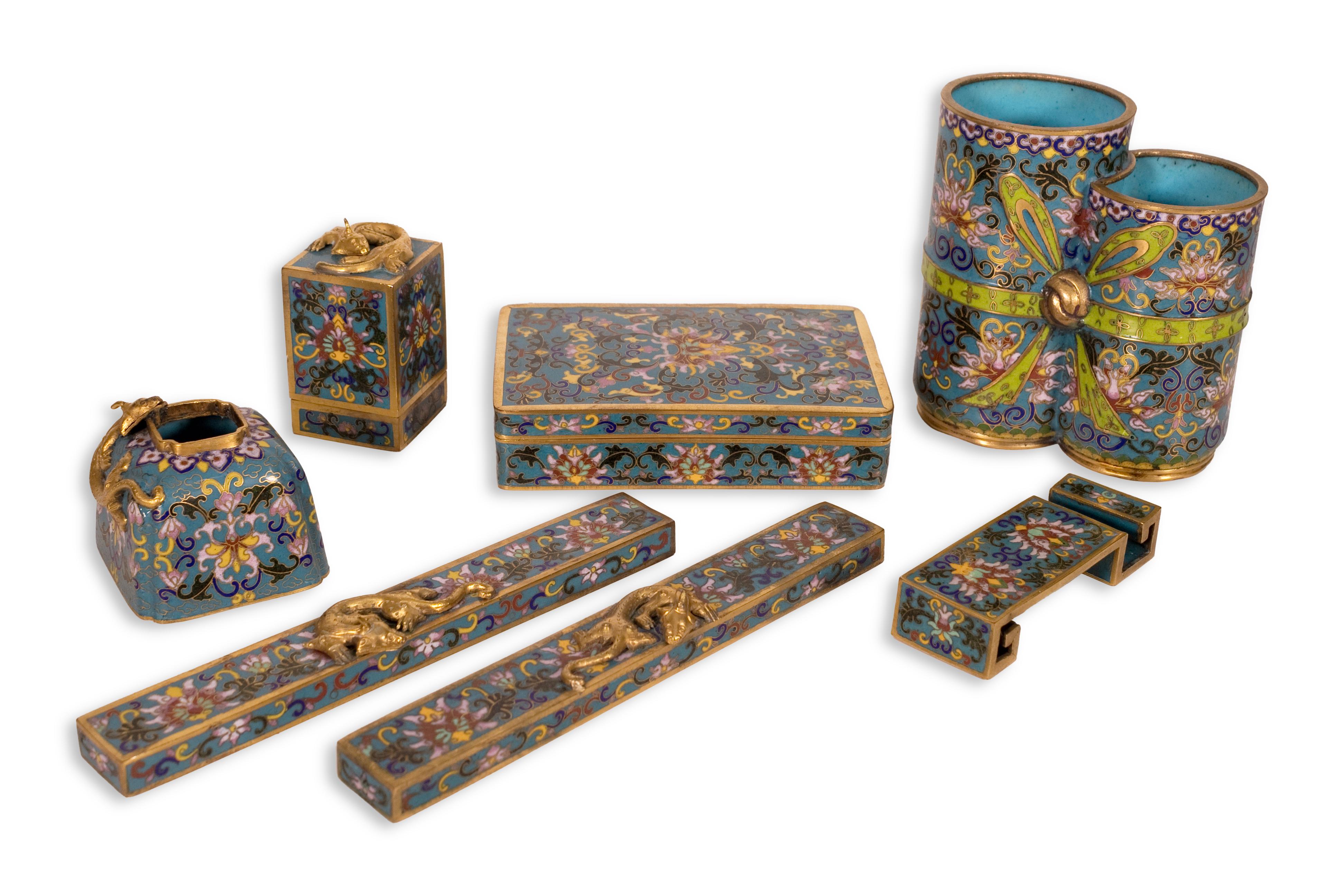 Vintage Chinese Qing Dynasty Schreibtisch oder Kalligraphie Set Cloisonne asiatischen Gelehrten im Angebot 12