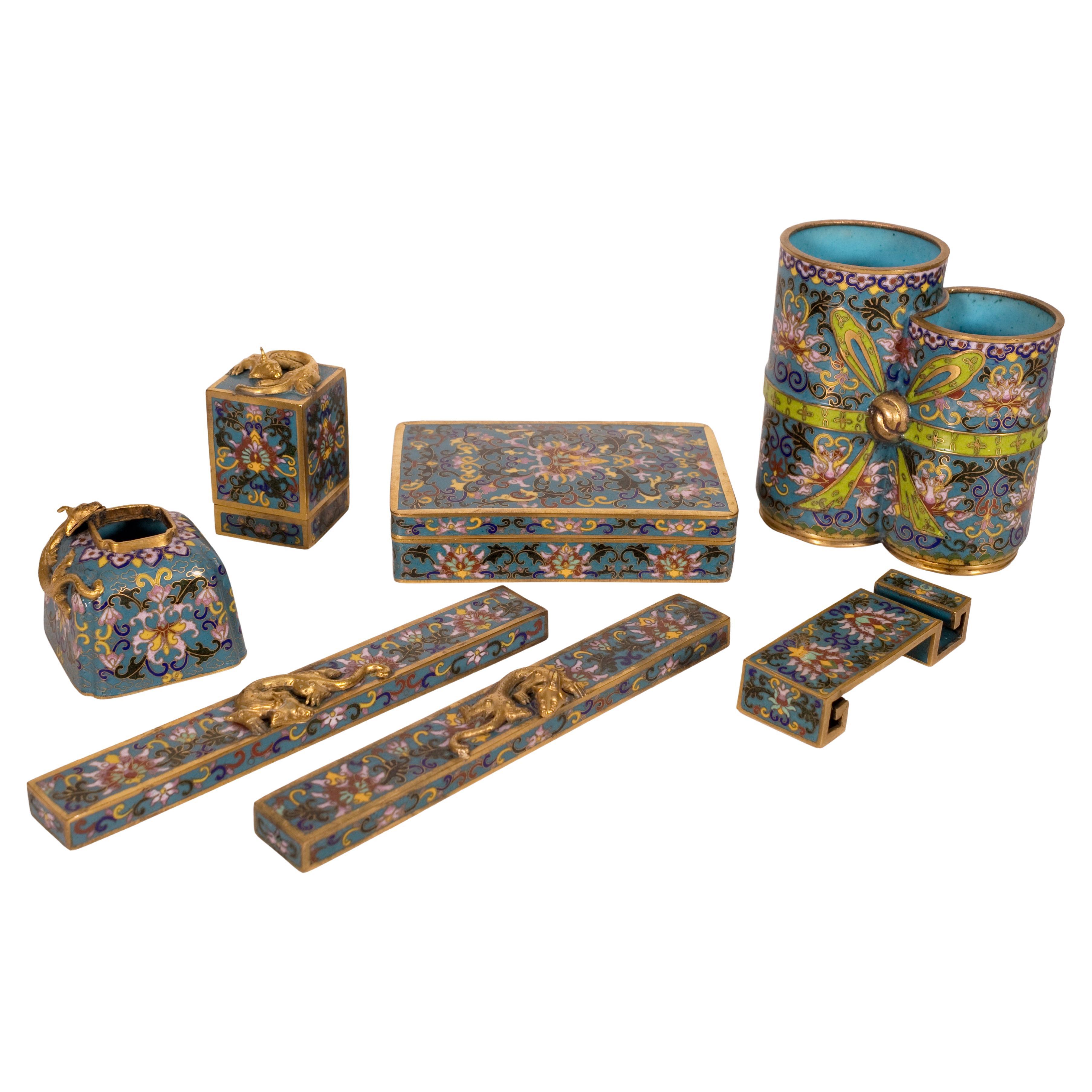 Vintage Chinese Qing Dynasty Desk or Calligraphy Set Cloisonne Asian Scholar