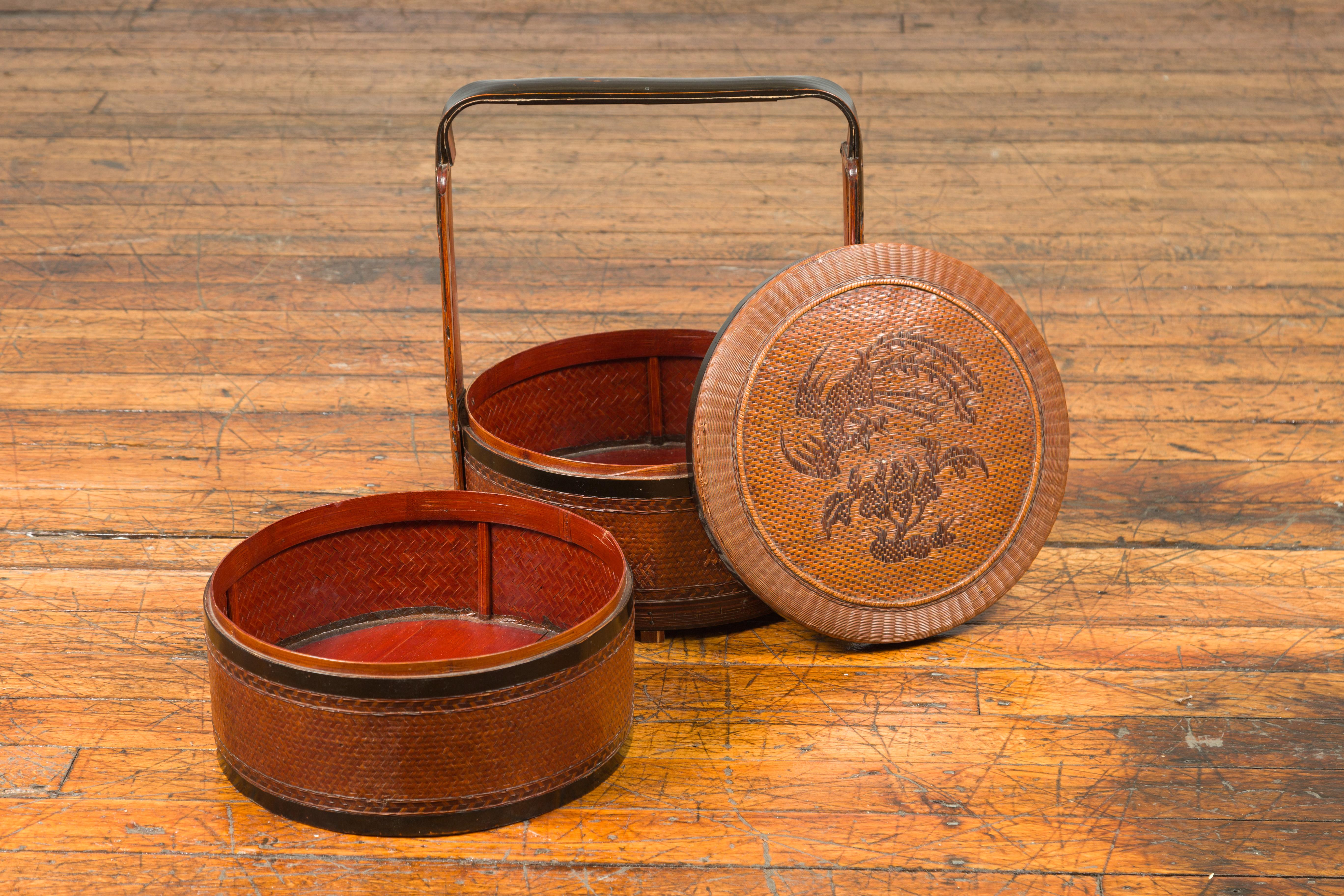 Vintage Chinese Rattan and Bamboo Nested Lunch Basket with Foliage Carved Handle 7