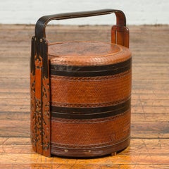 Vintage Chinese Rattan and Bamboo Nested Lunch Basket with Foliage Carved Handle