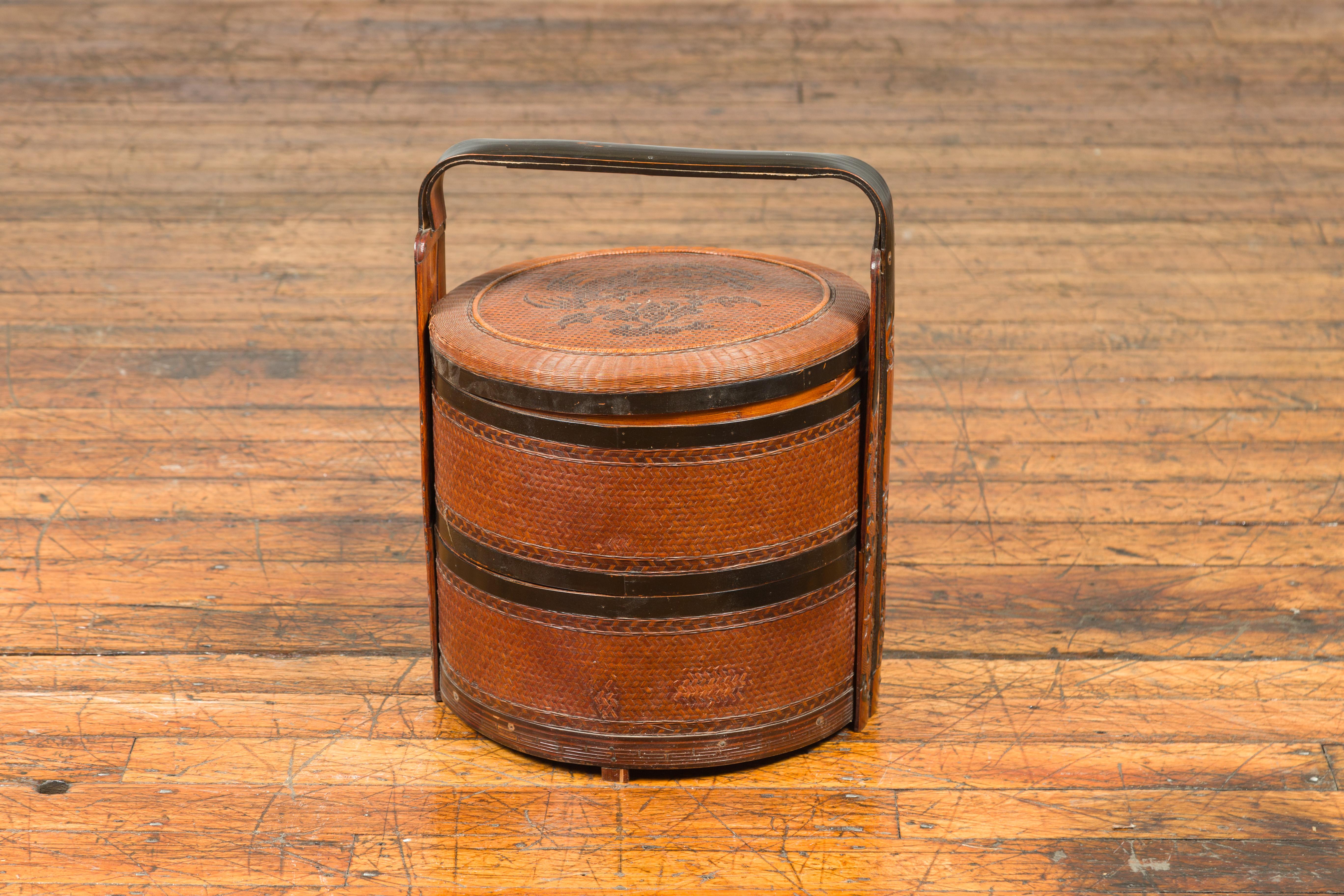 Lacquered Vintage Chinese Rattan and Bamboo Nested Lunch Basket with Foliage Carved Handle