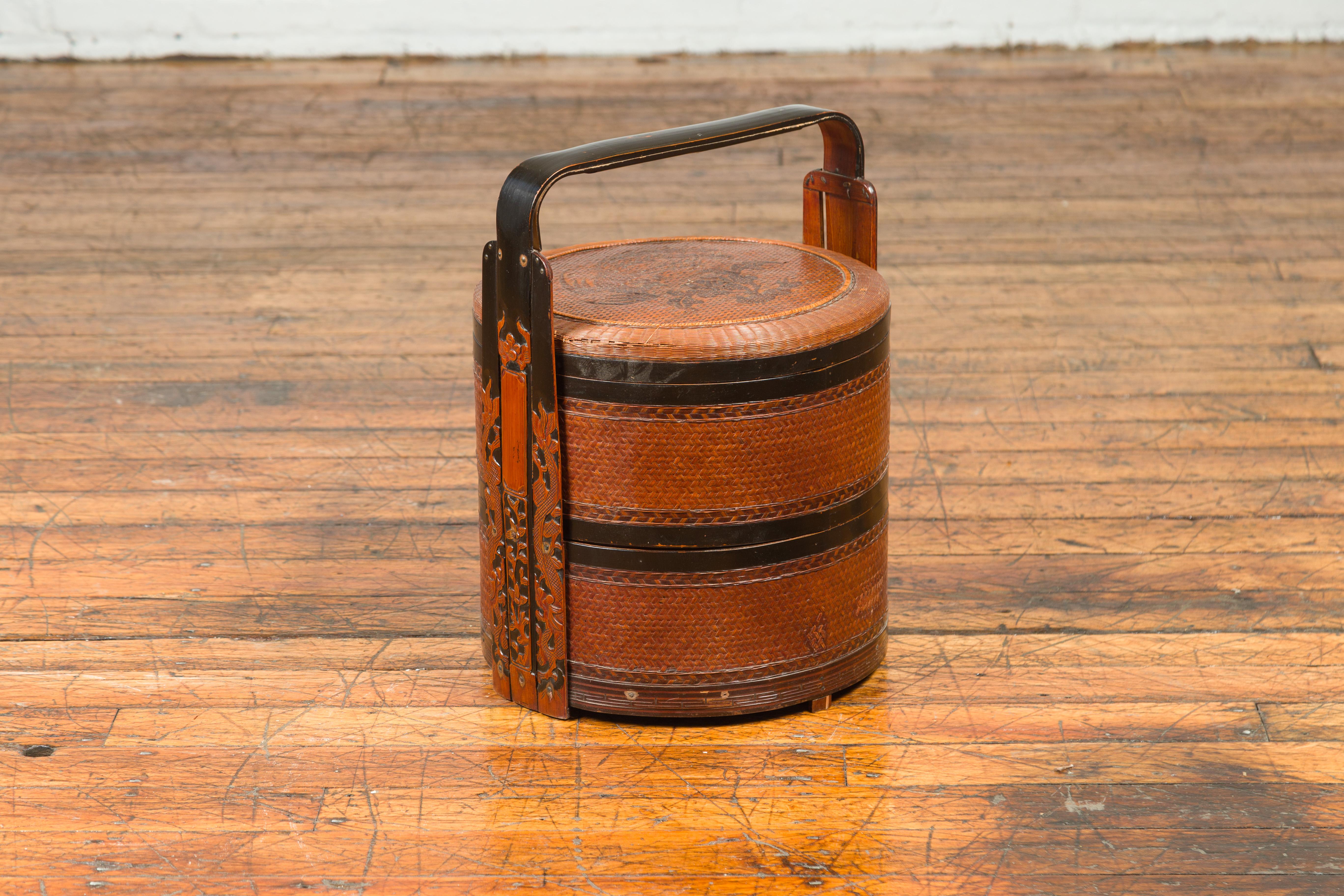 20th Century Vintage Chinese Rattan and Bamboo Nested Lunch Basket with Foliage Carved Handle