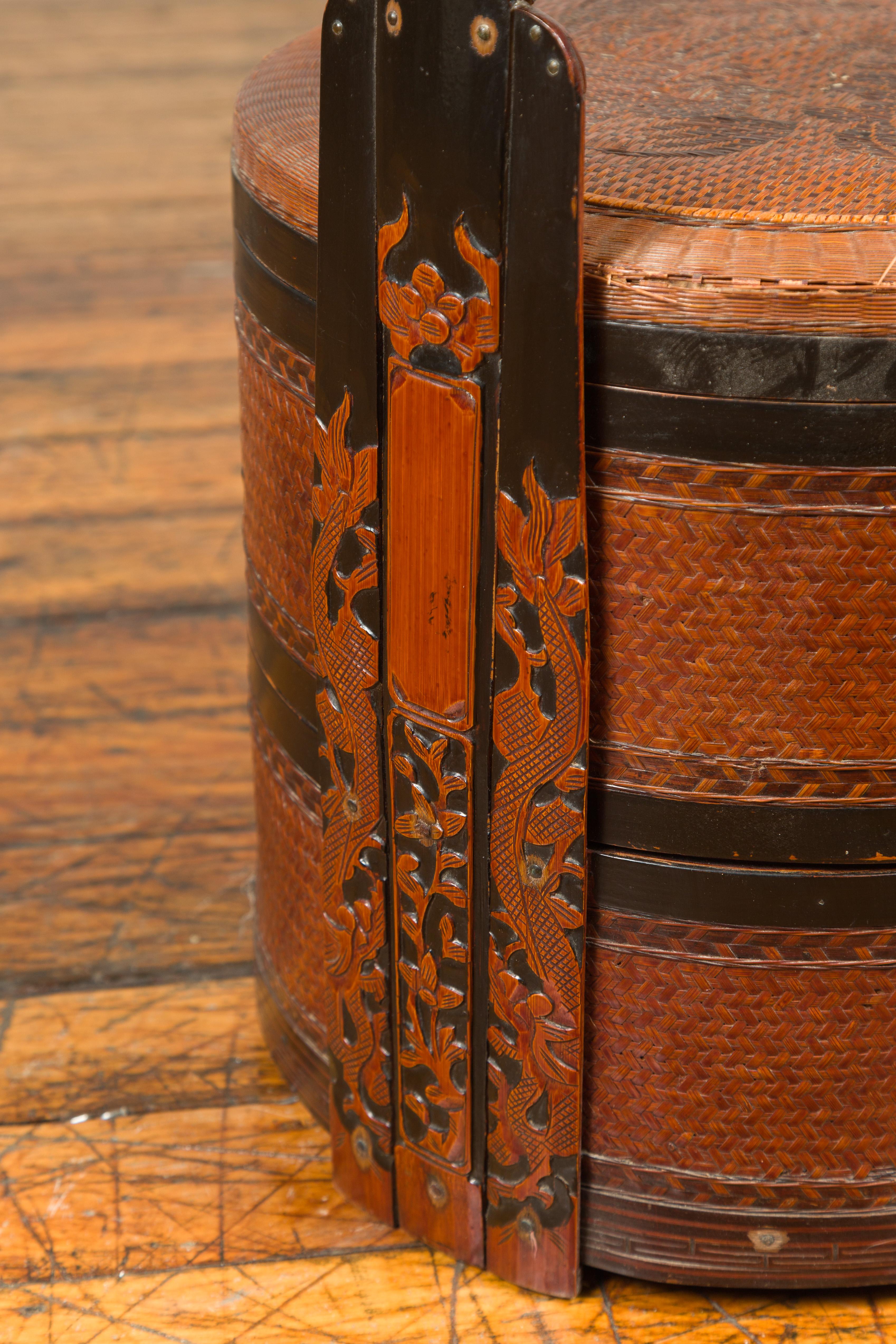 Vintage Chinese Rattan and Bamboo Nested Lunch Basket with Foliage Carved Handle 1