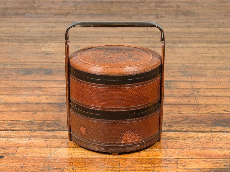 Vintage Chinese Rattan and Bamboo Nested Lunch Basket with Foliage Carved Handle at 1stDibs