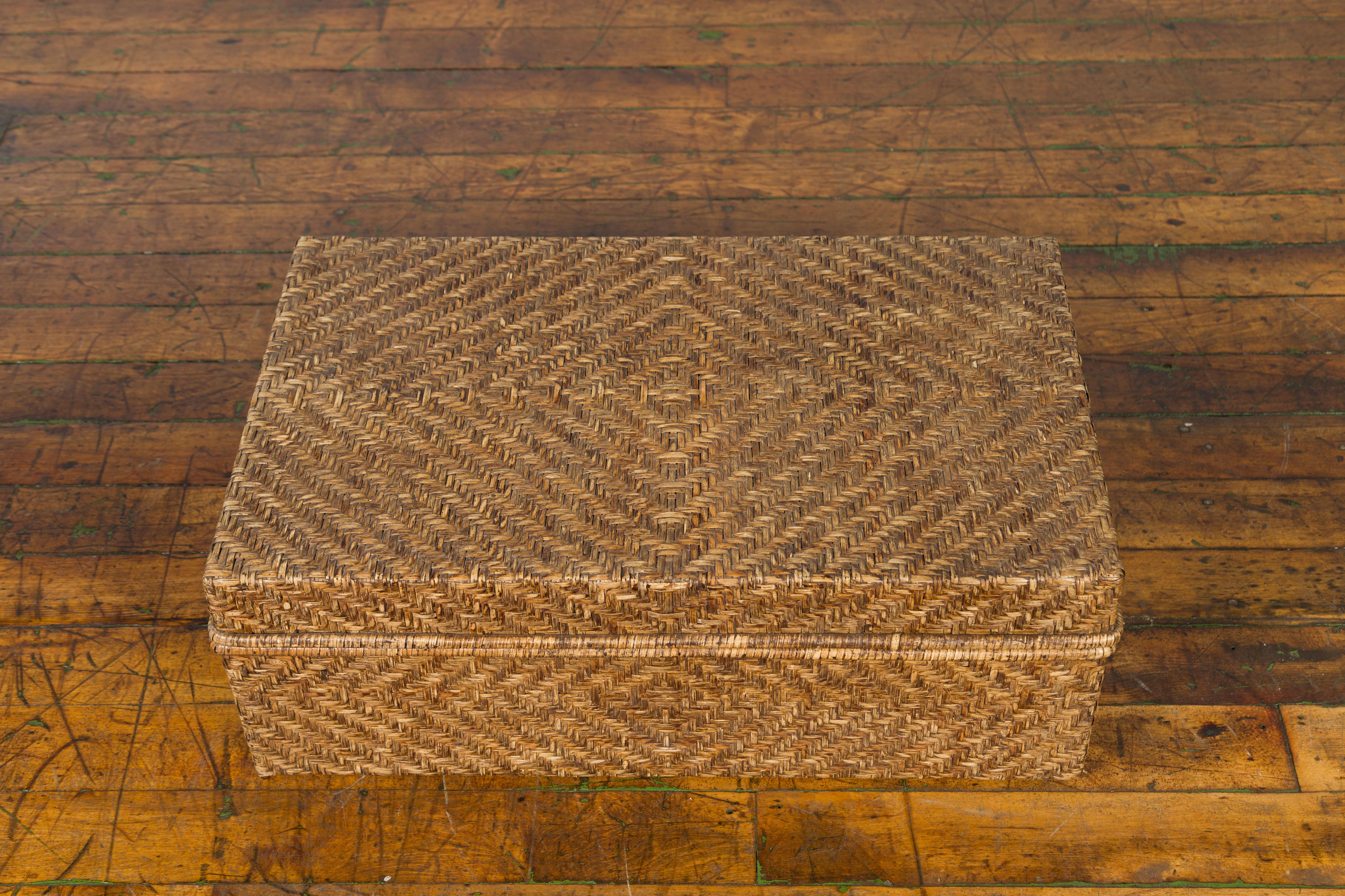 Rustic Vintage Chinese Rattan over Wood Rectangular Box or Low Side Table For Sale