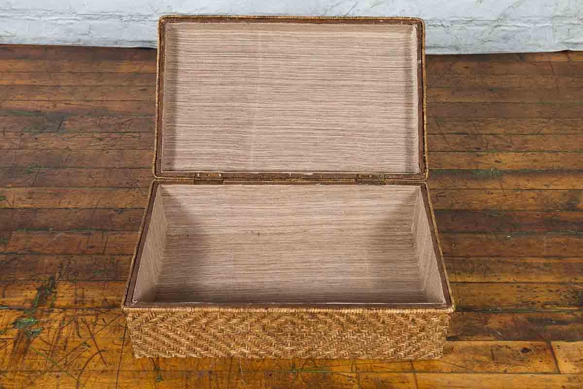 Rustic Vintage Chinese Rattan over Wood Rectangular Box or Low Side Table