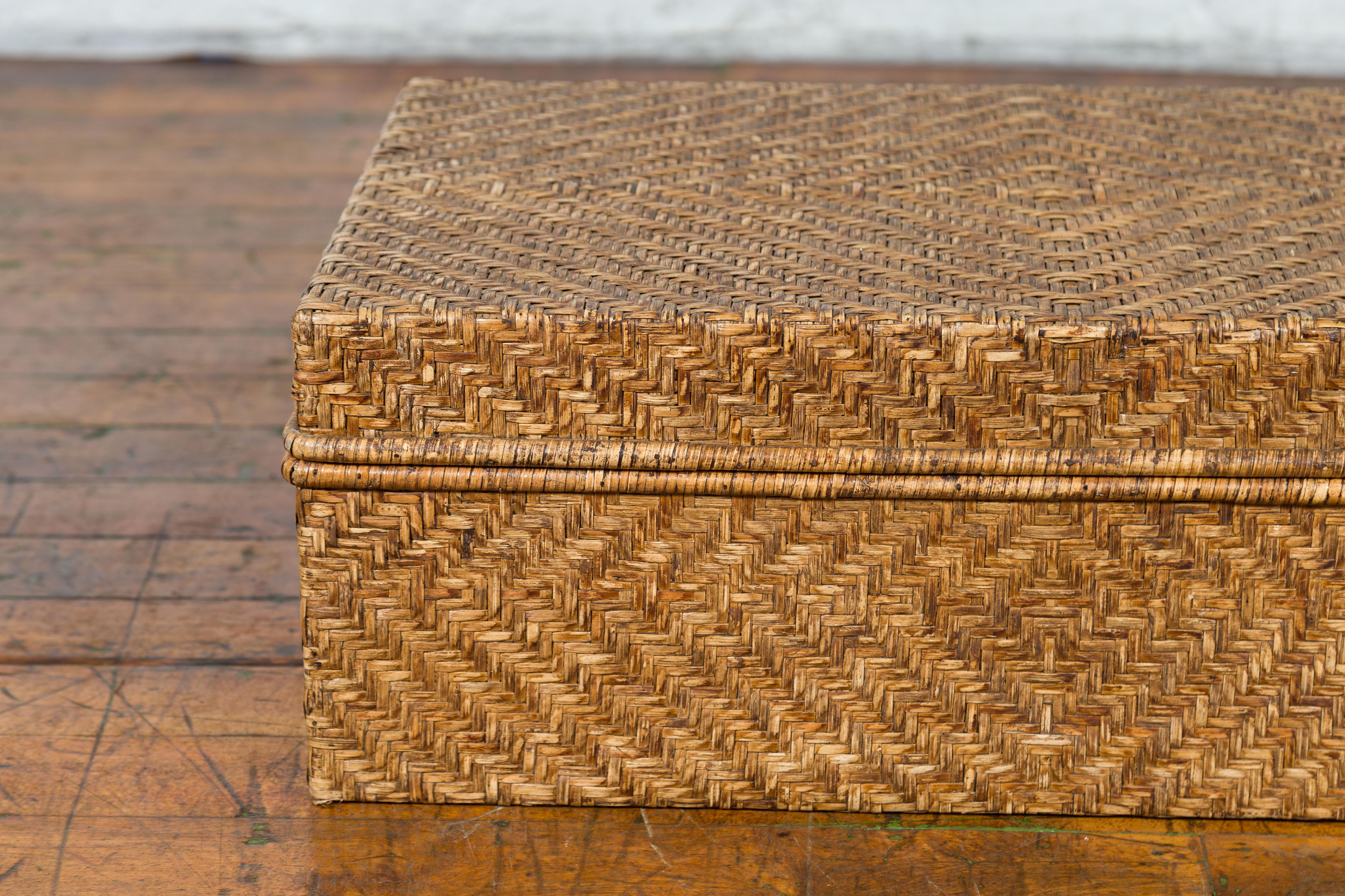 20th Century Vintage Chinese Rattan over Wood Rectangular Box or Low Side Table For Sale