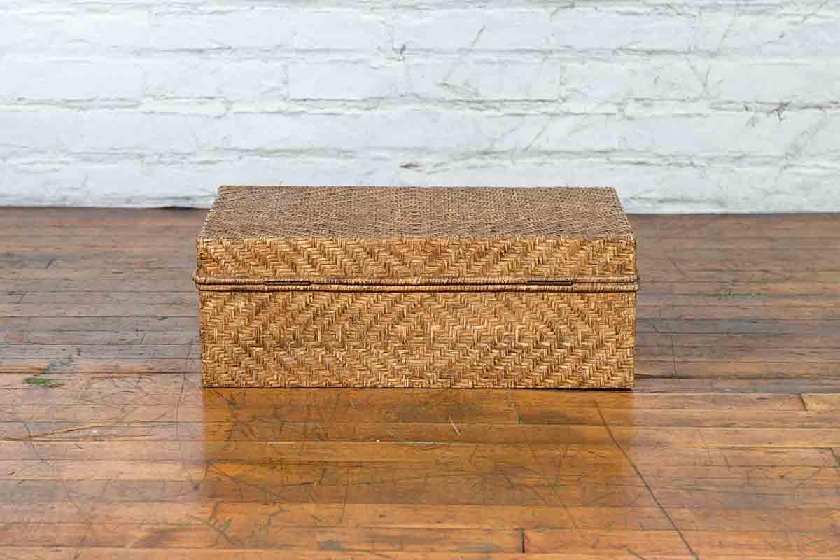 20th Century Vintage Chinese Rattan over Wood Rectangular Box or Low Side Table