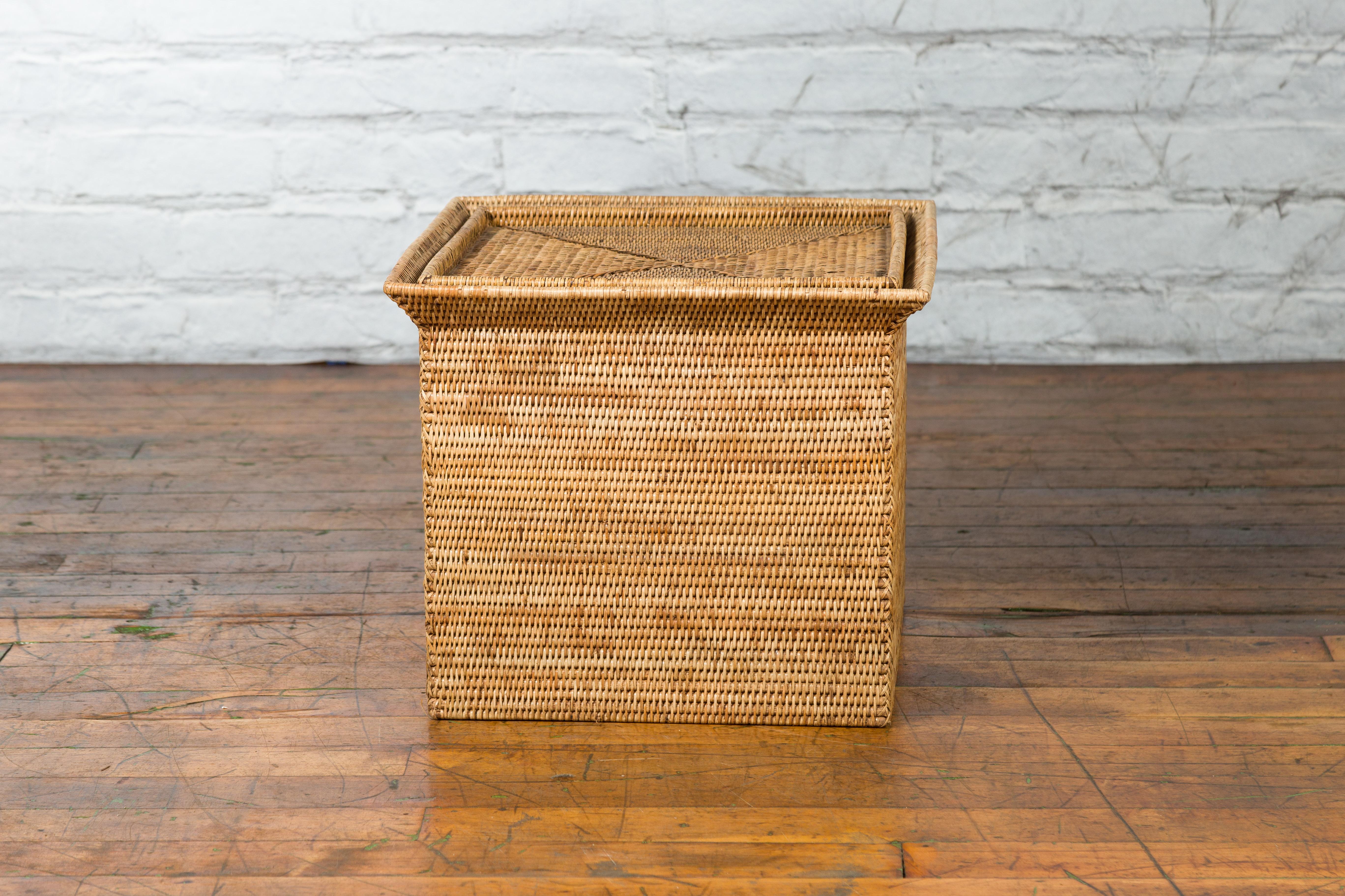 Vintage Chinese Rattan Square Shaped End Table Storage Box with Pierced Handles 7