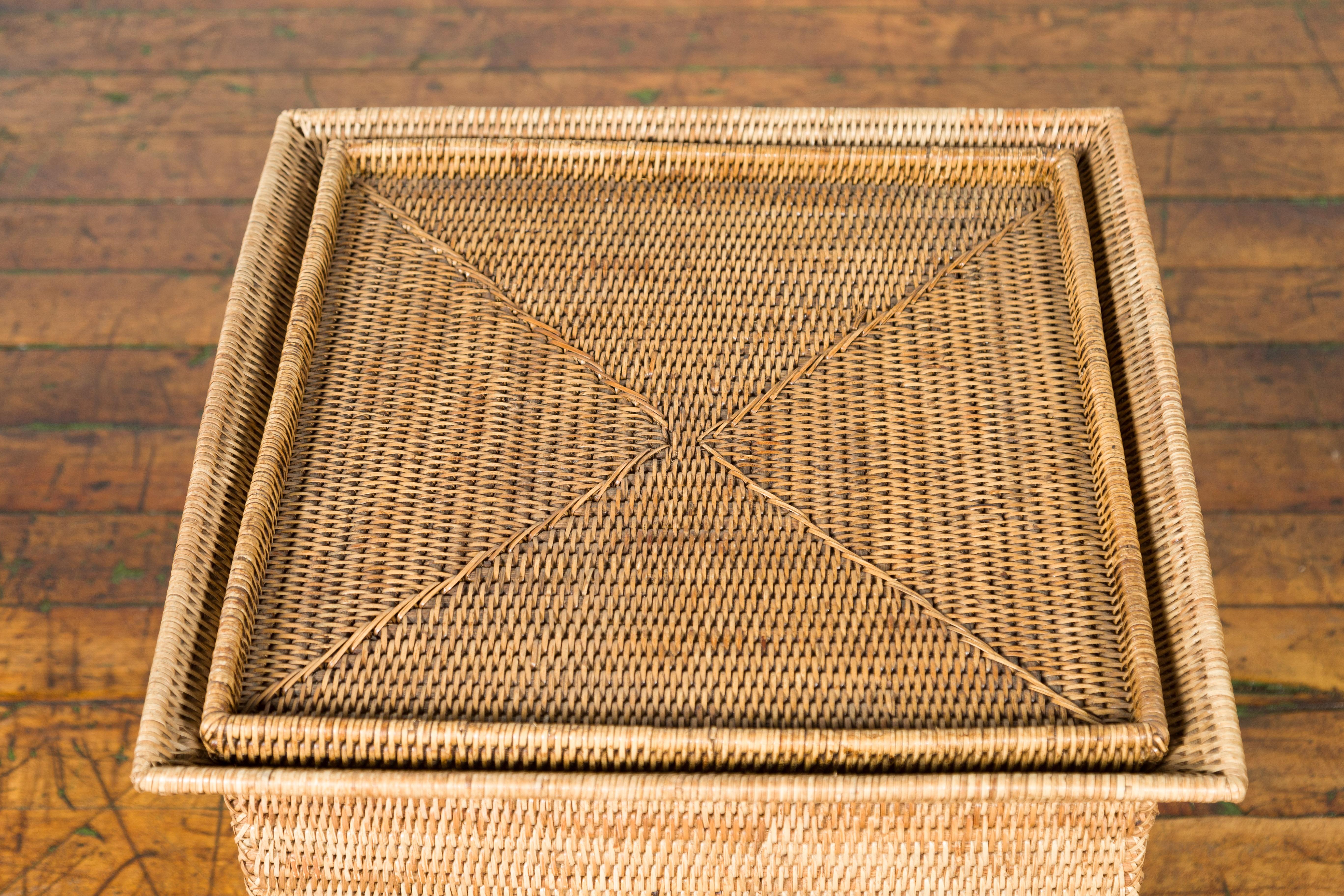 Vintage Chinese Rattan Square Shaped End Table Storage Box with Pierced Handles 2