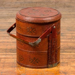 Rattan and Bamboo Tiered Nested Lunch Basket with Lid and Carved Handle