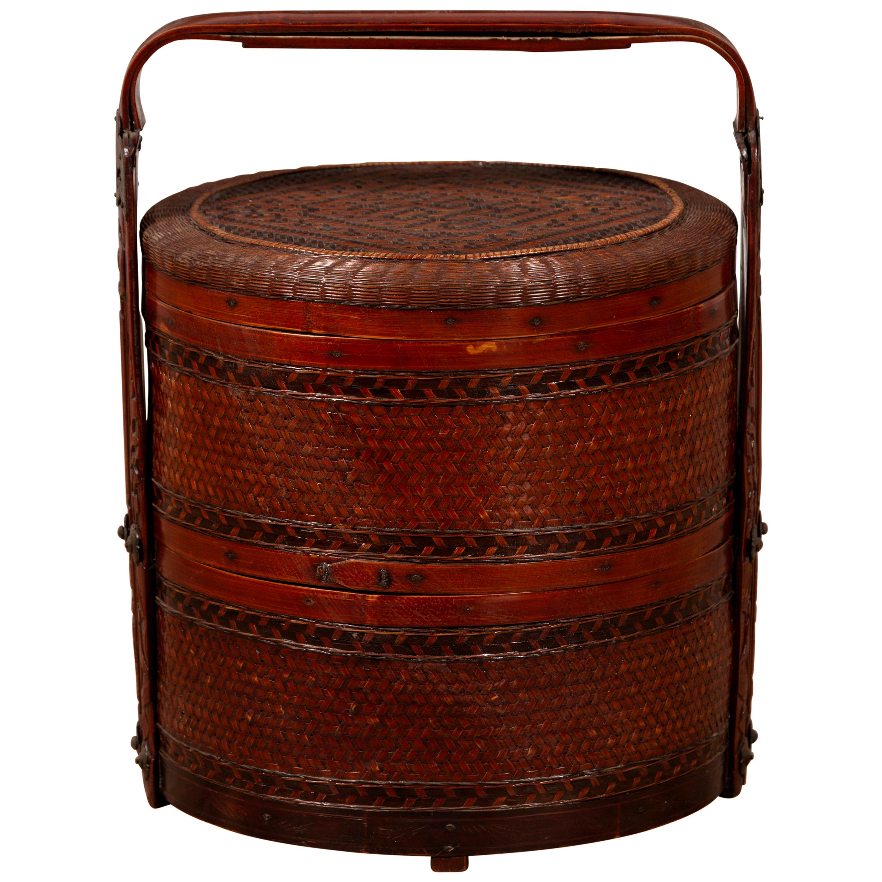 Vintage Chinese Rattan Two-Tiered Nested Lunch Basket with Lid and Handle