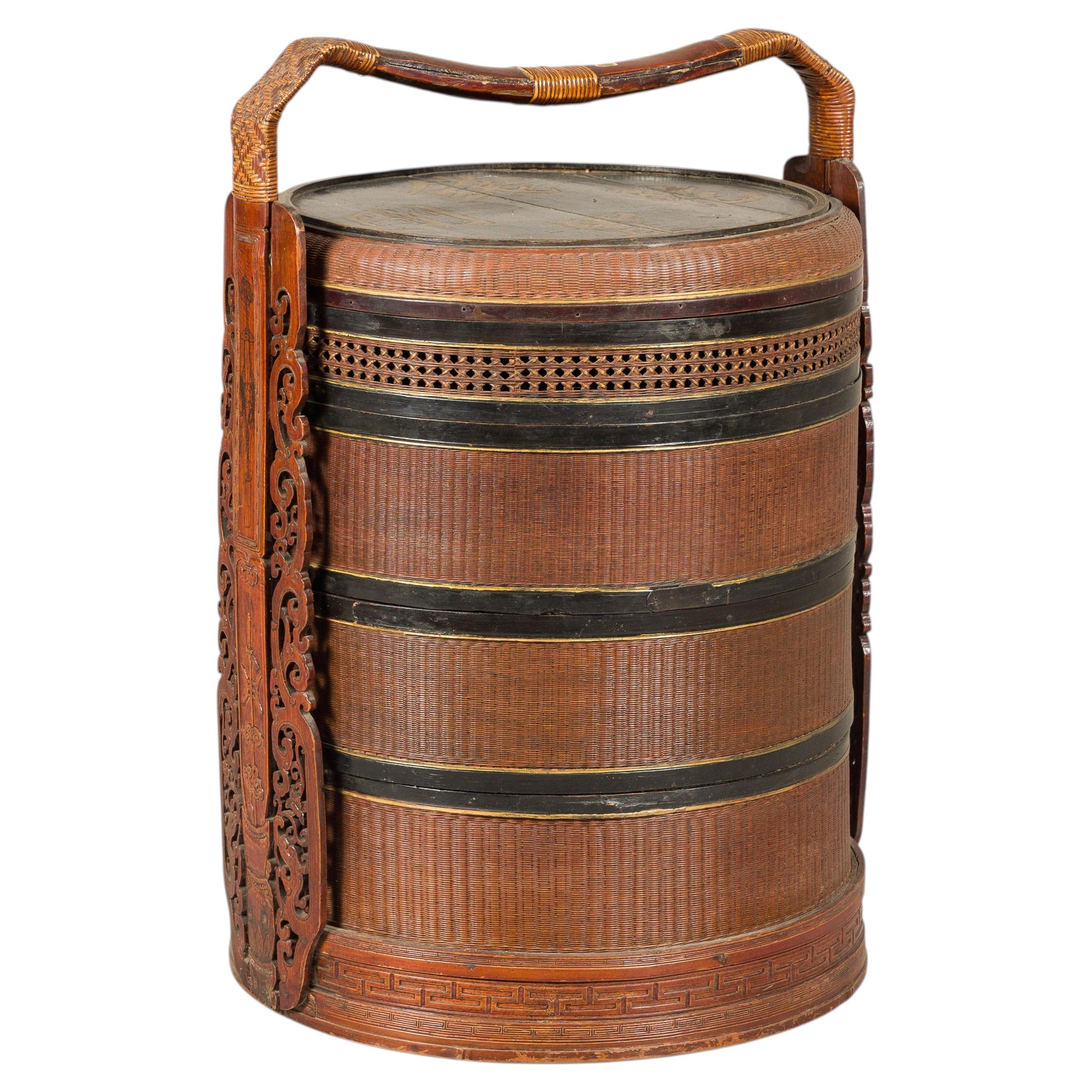 Vintage Chinese Rattan Wedding Basket with Carved Handle and Nested Containers