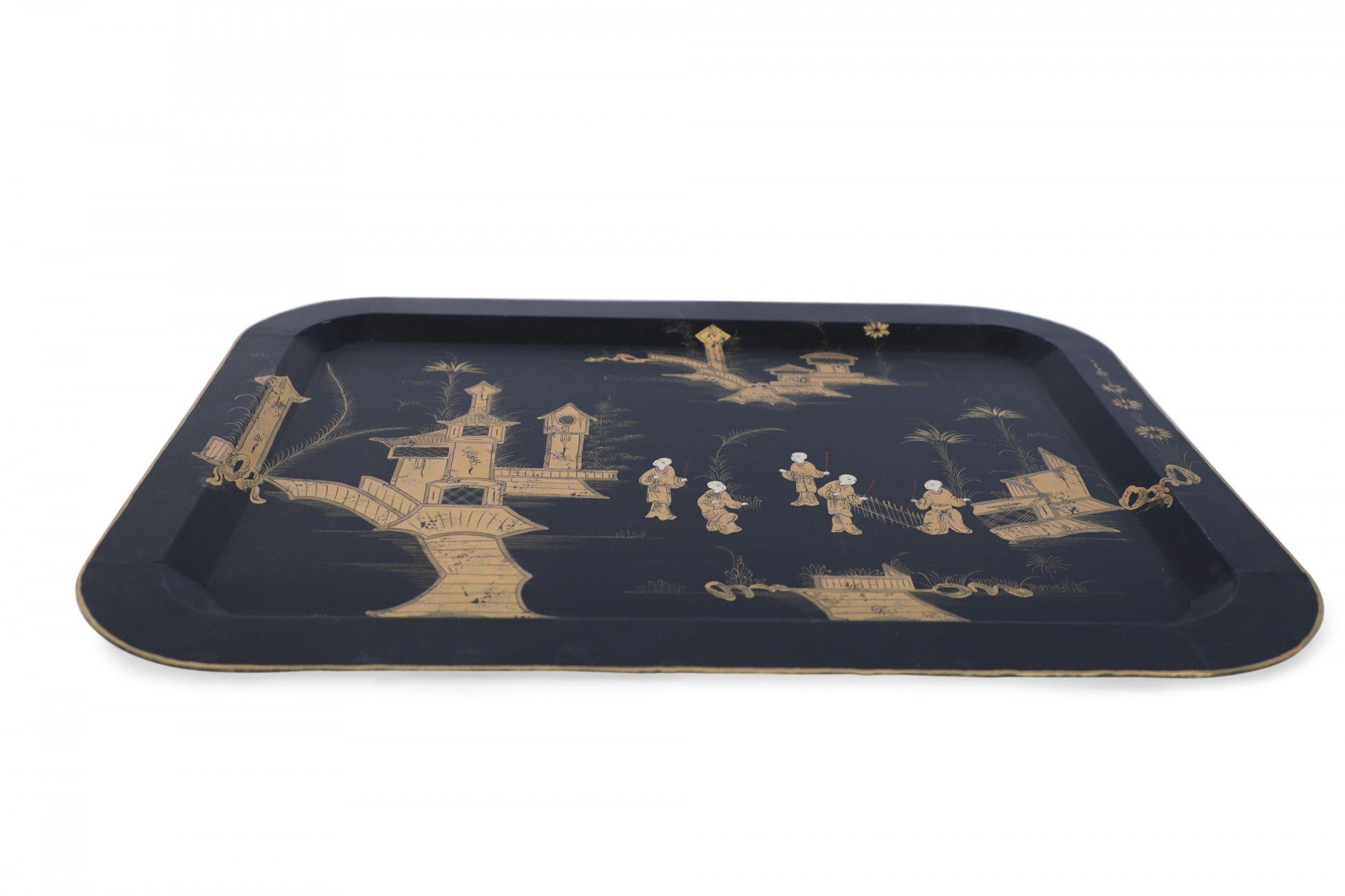 Metal Vintage Chinese Rectangular Tole Black and Gold Monestary Scene Tray For Sale