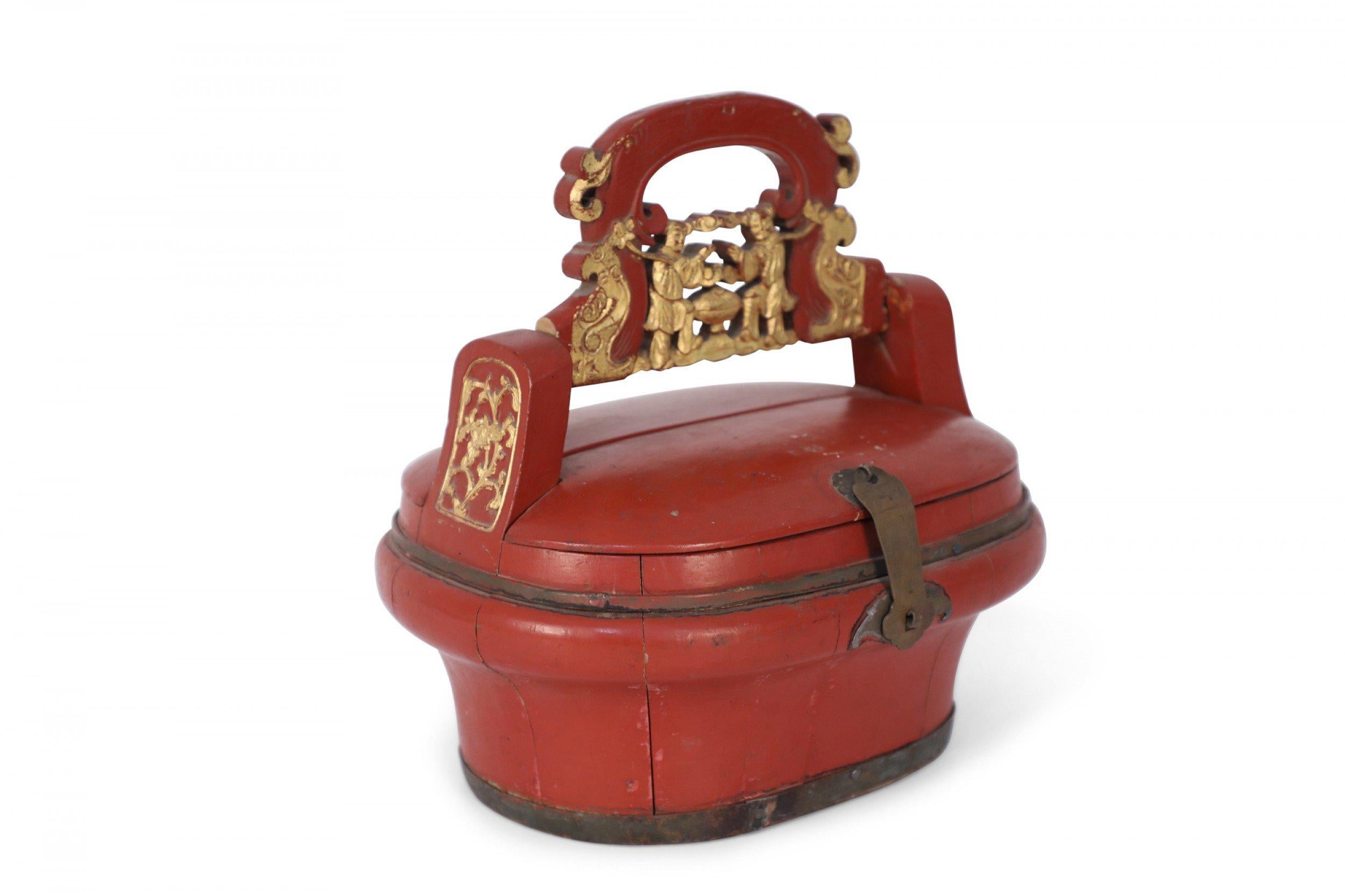 Chinese Export Vintage Chinese Red and Gold Carved Handled Box For Sale