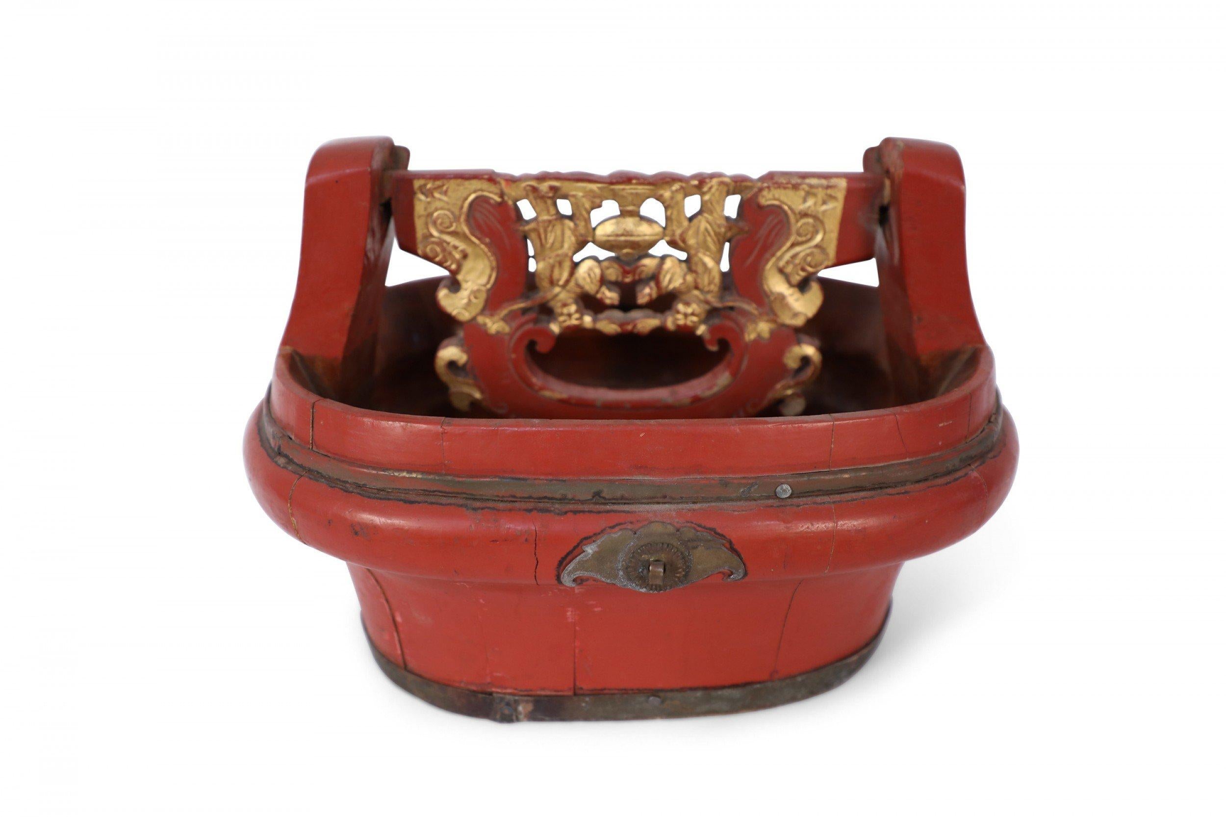 Painted Vintage Chinese Red and Gold Carved Handled Box For Sale