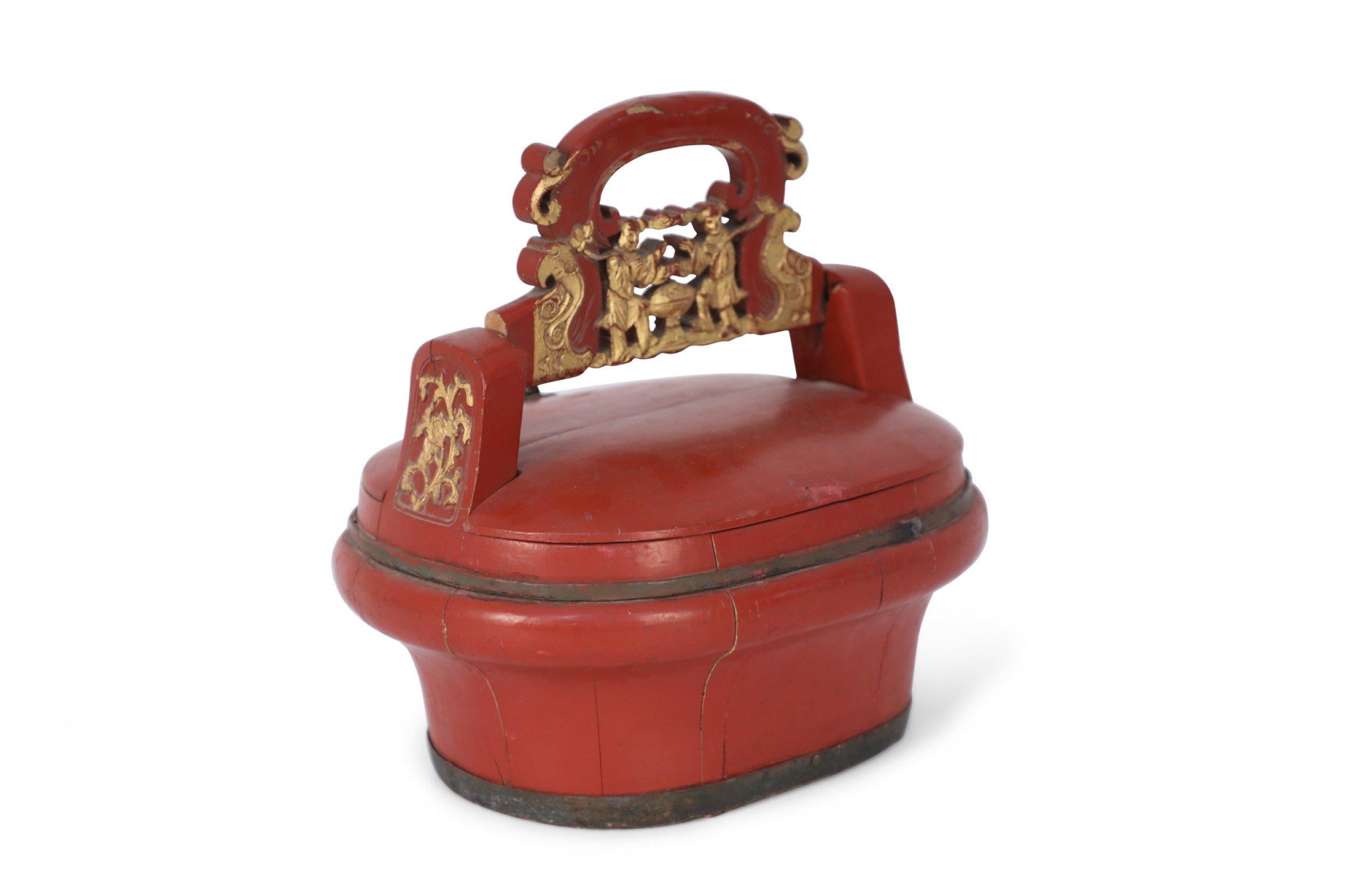 Vintage Chinese Red and Gold Carved Handled Box For Sale 3