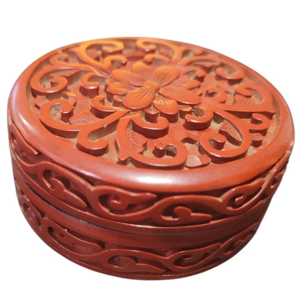 Vintage Chinese Red Carved Cinnabar Lacquer Floral Trinket Box.
