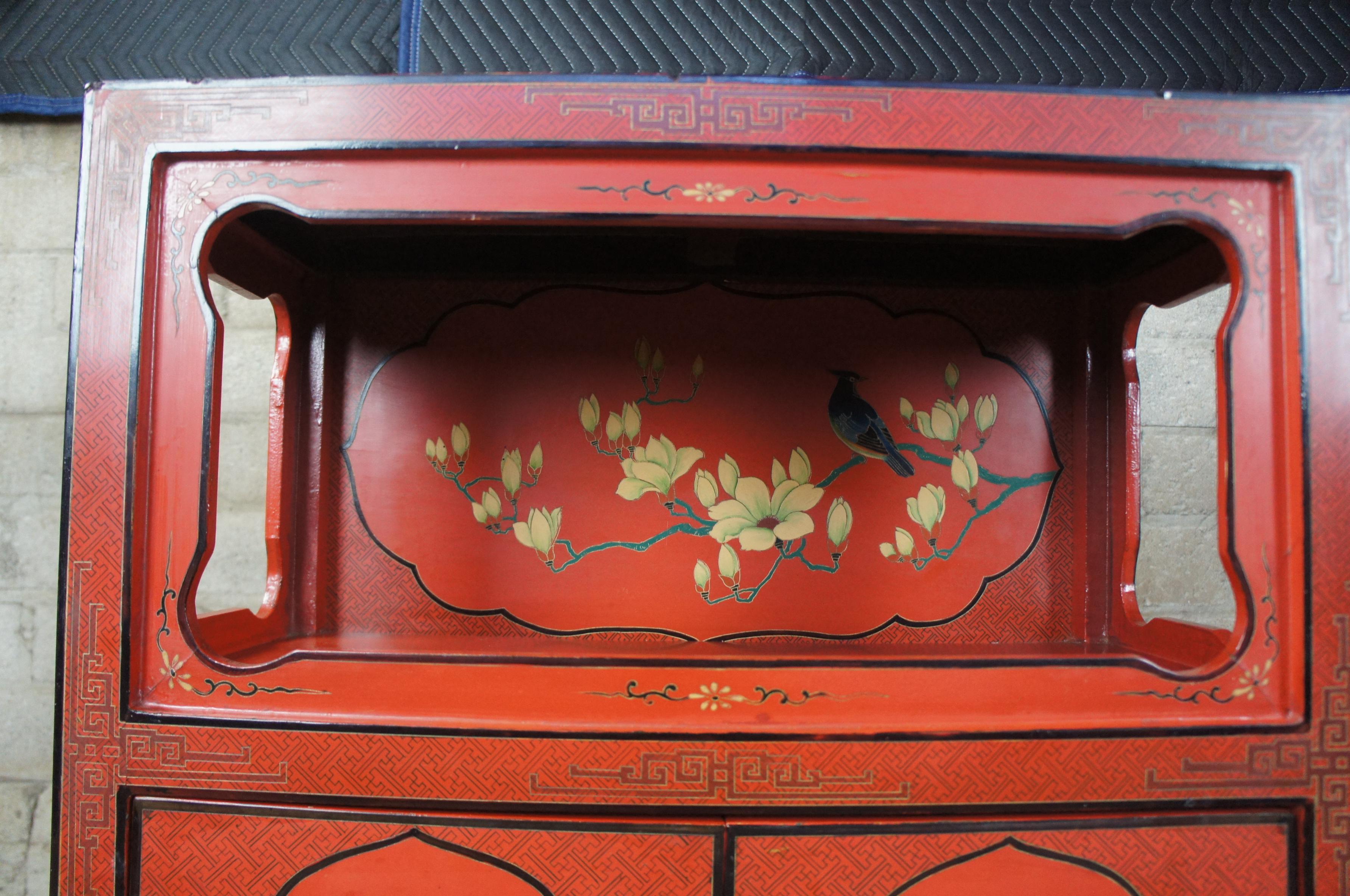 20th Century Vintage Chinese Red Lacquer Alter Cabinet Stand Chinoiserie Entry Console