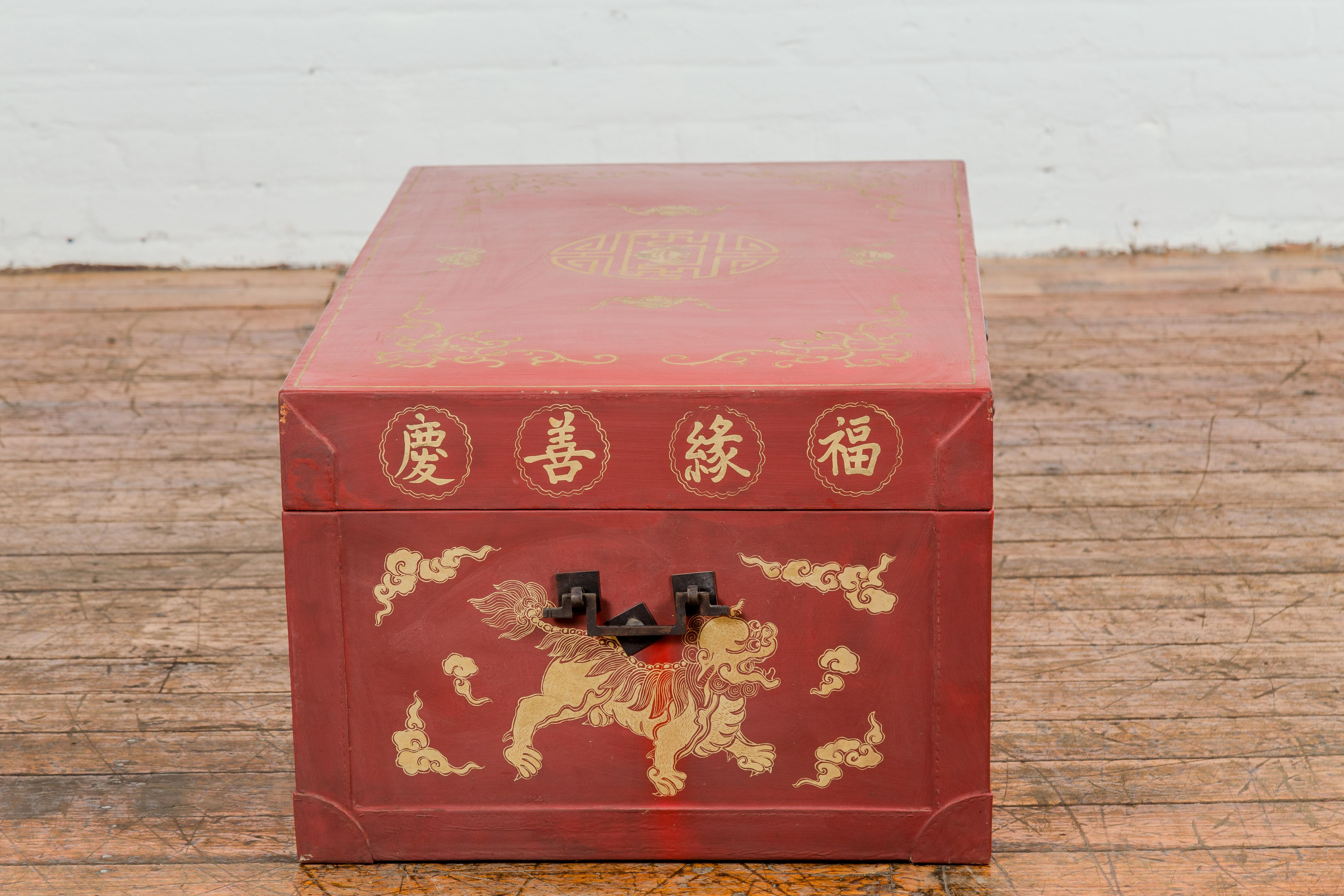 Vintage Chinese Red Lacquer Blanket Chest with Bat, Guardian Lion, Cloud Motifs For Sale 12