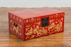 Vintage Chinese Red Lacquer Blanket Chest with Bat, Guardian Lion, Cloud Motifs
