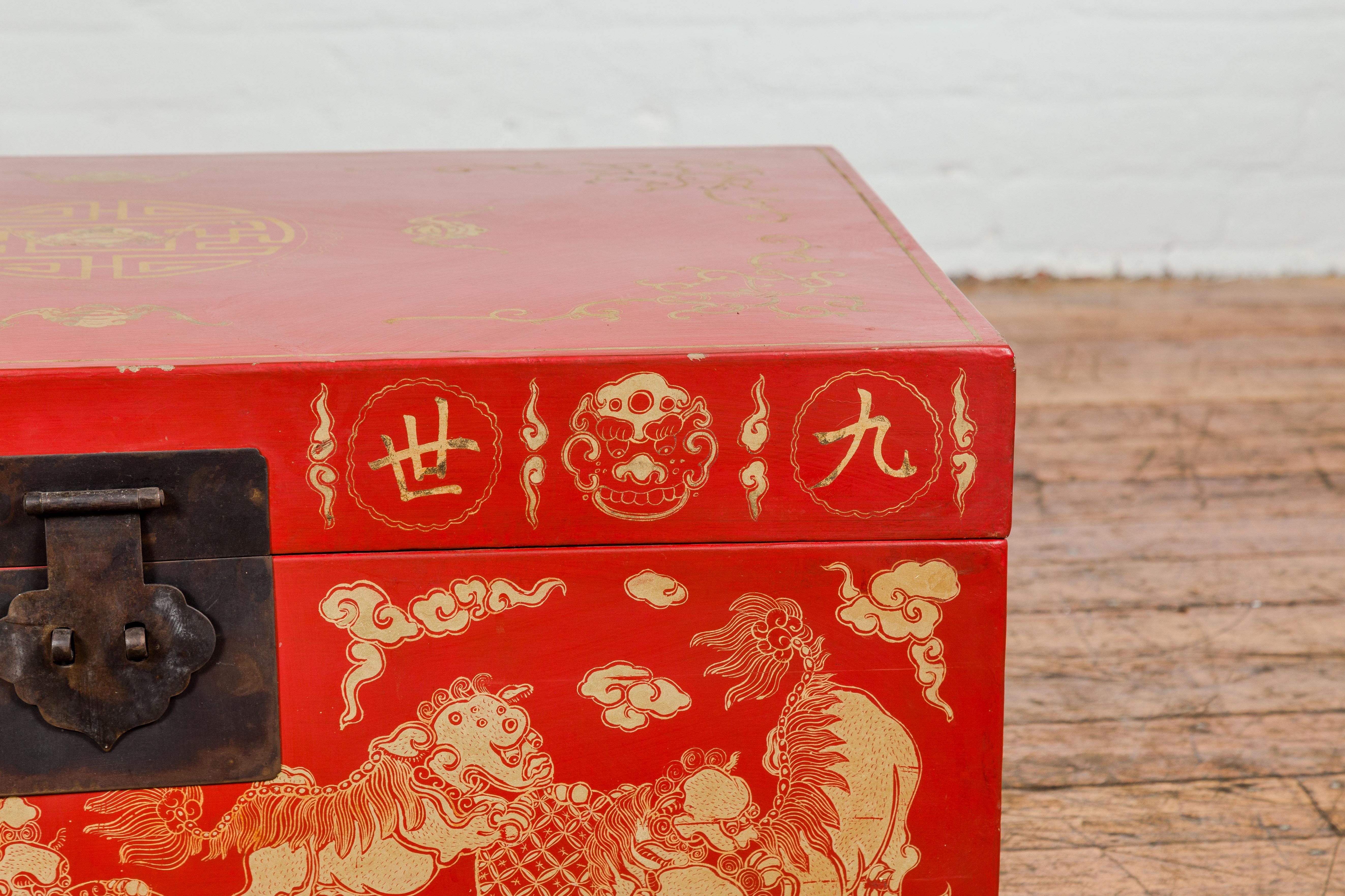 Vintage Chinese Red Lacquer Blanket Chest with Bat, Guardian Lion, Cloud Motifs For Sale 1