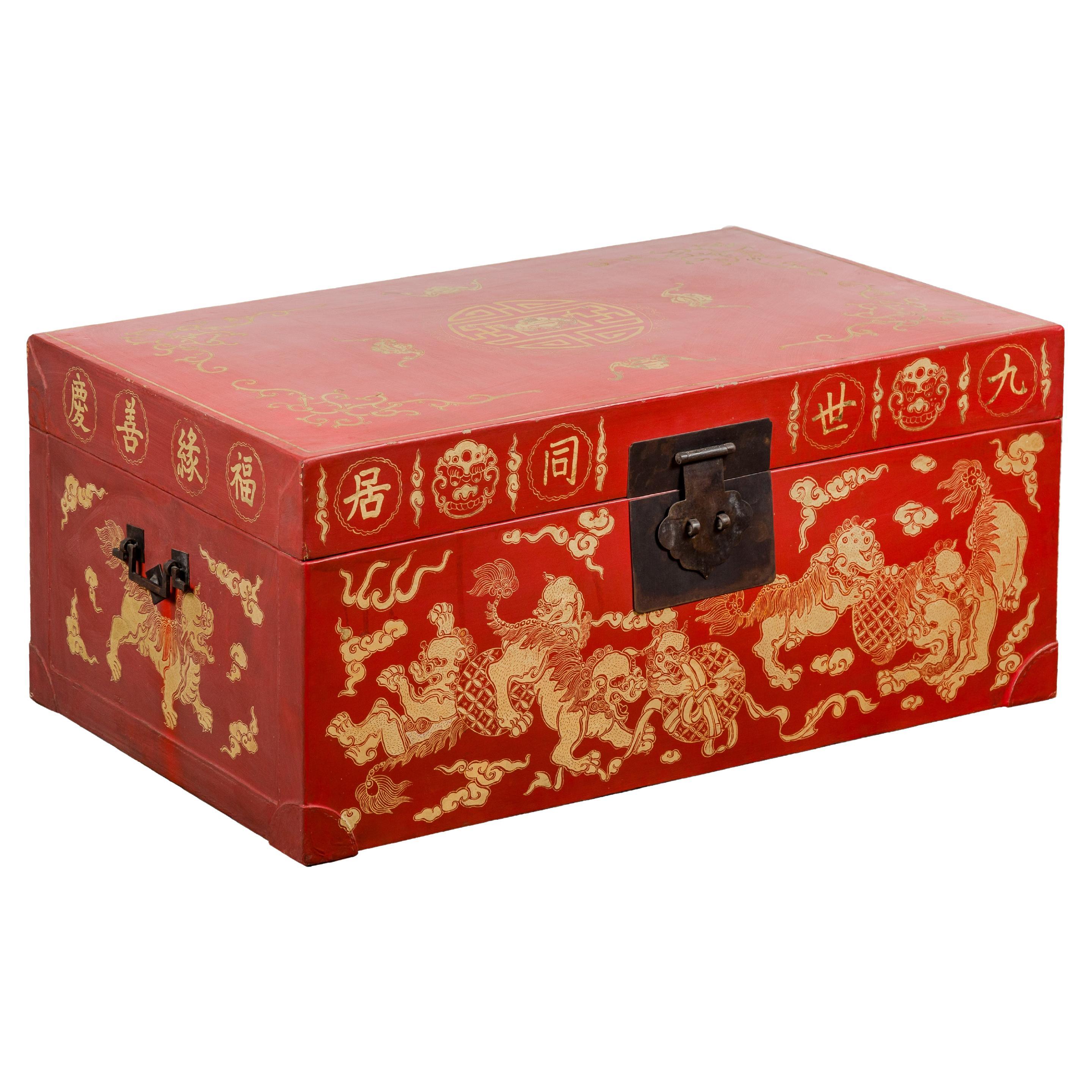 Vintage Chinese Red Lacquer Blanket Chest with Bat, Guardian Lion, Cloud Motifs For Sale