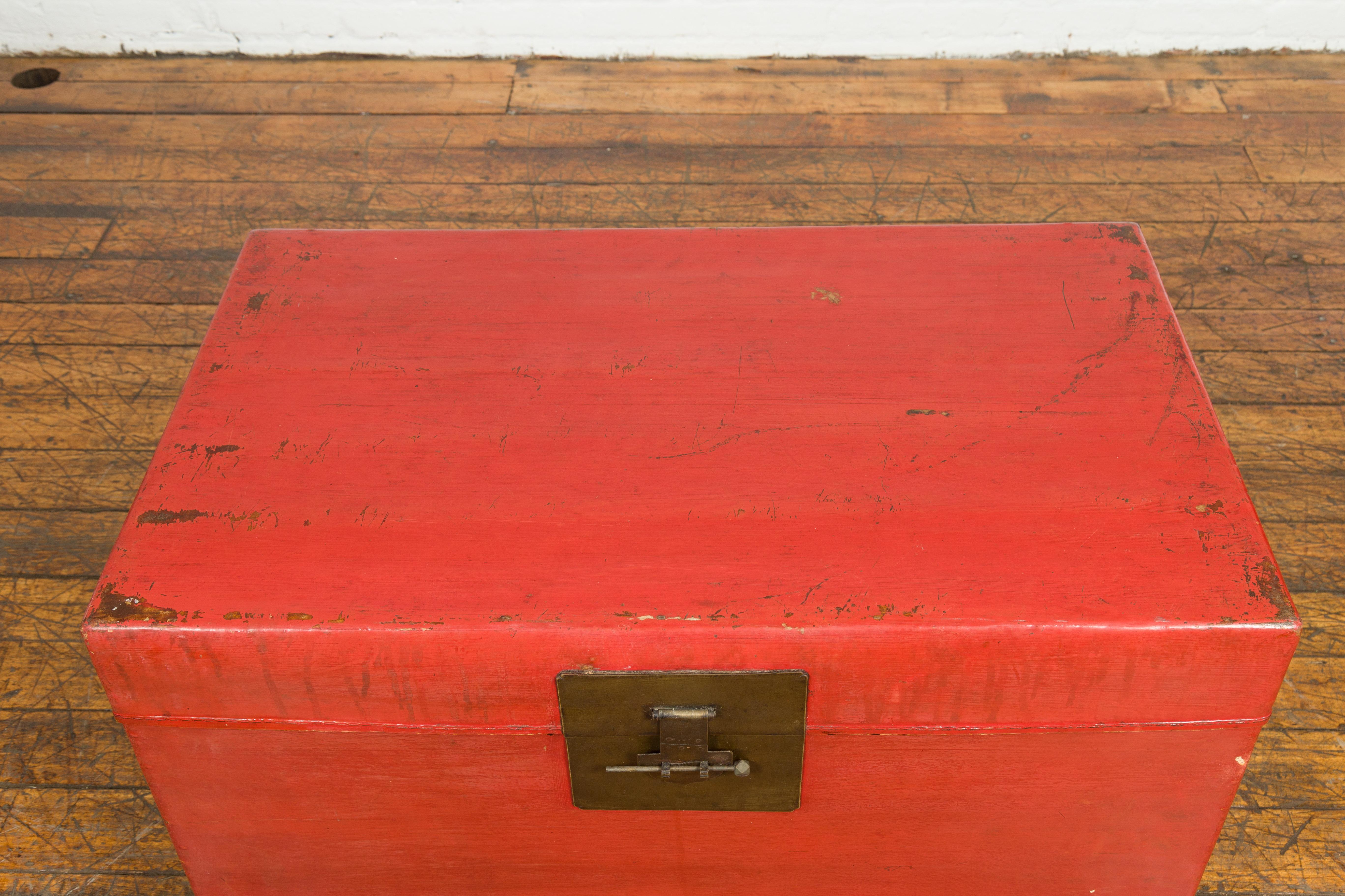 Red Vintage Wooden Trunk with Square Brass Latch For Sale 2