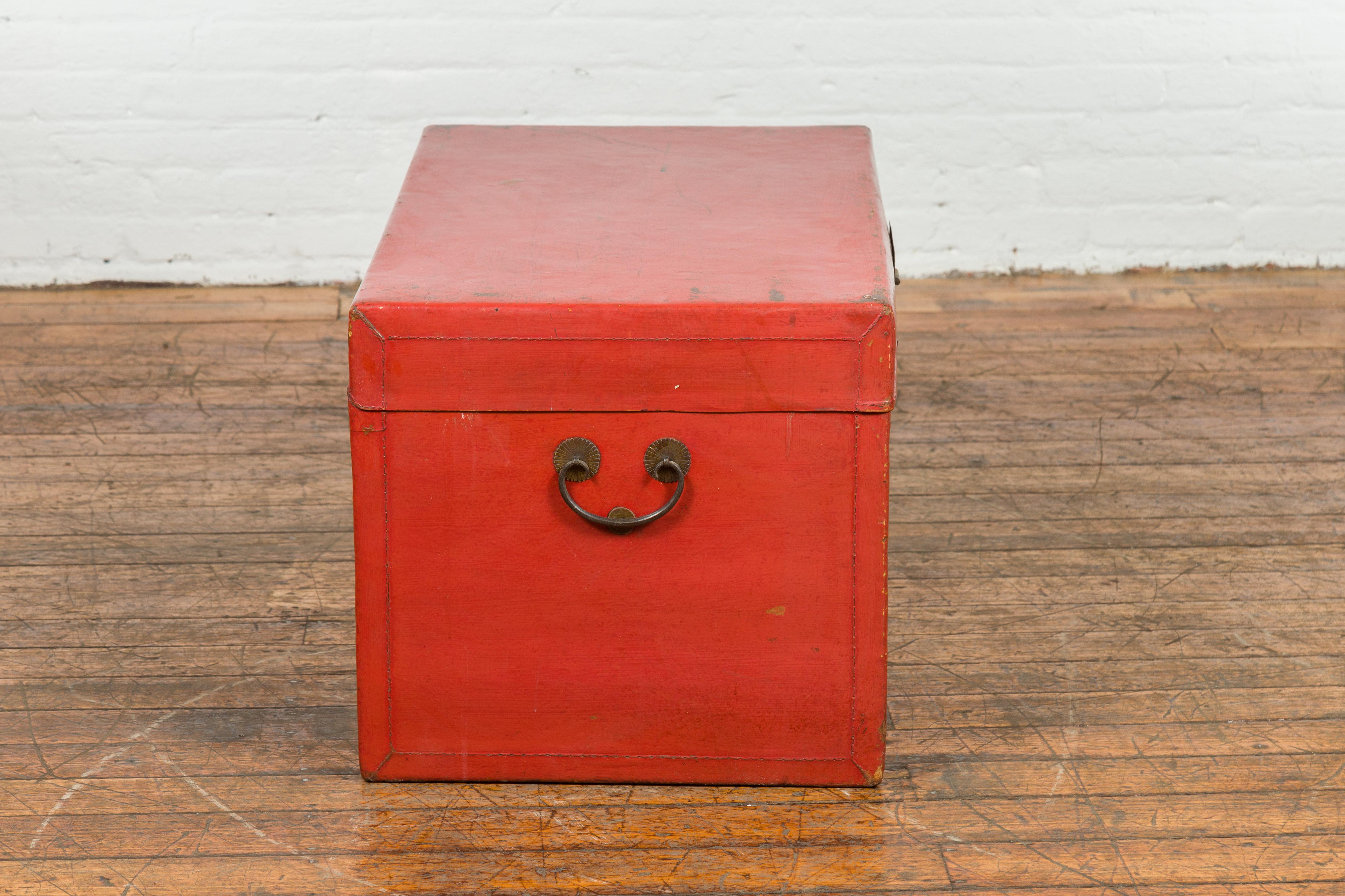 Red Vintage Wooden Trunk with Square Brass Latch For Sale 4
