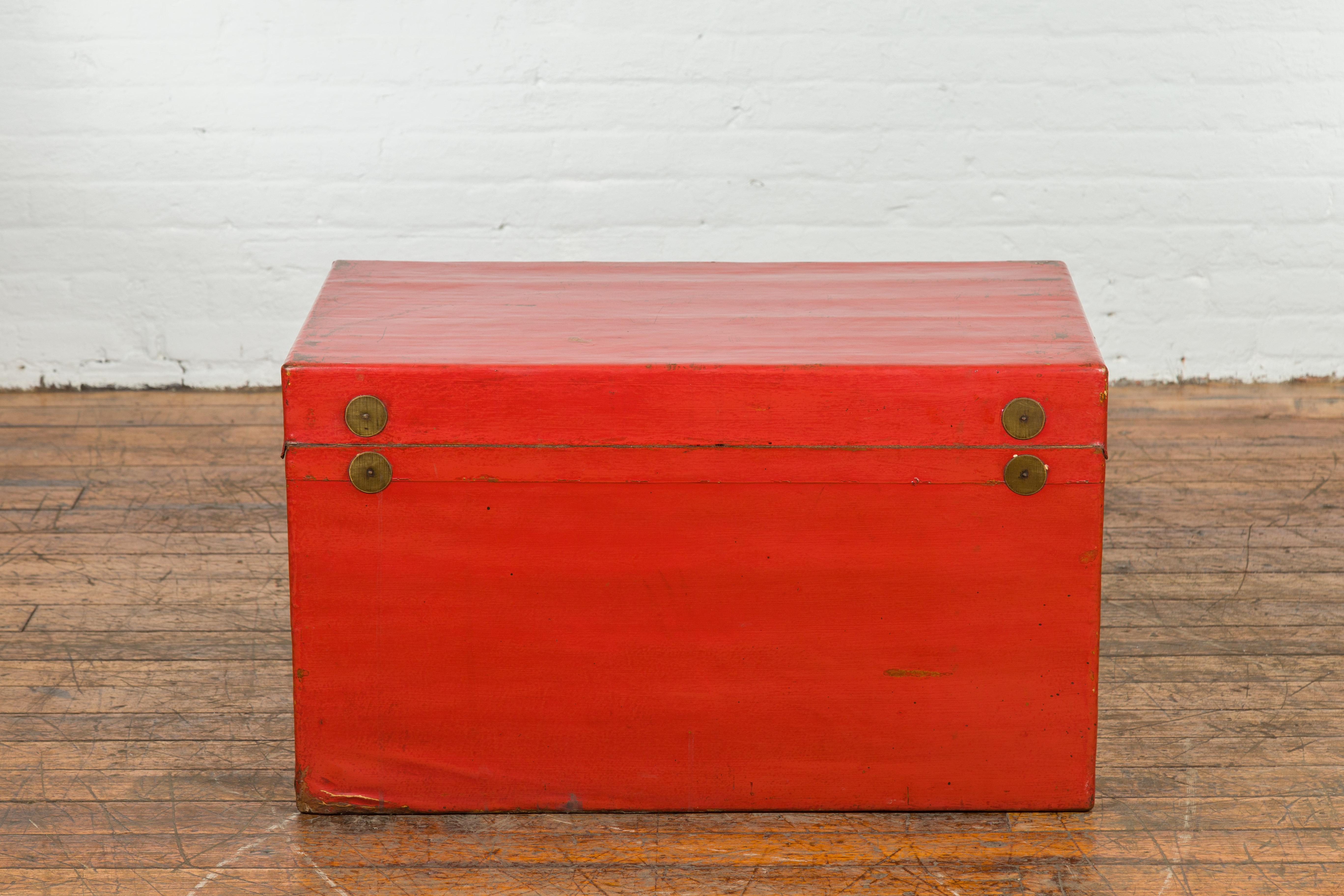 Red Vintage Wooden Trunk with Square Brass Latch For Sale 6