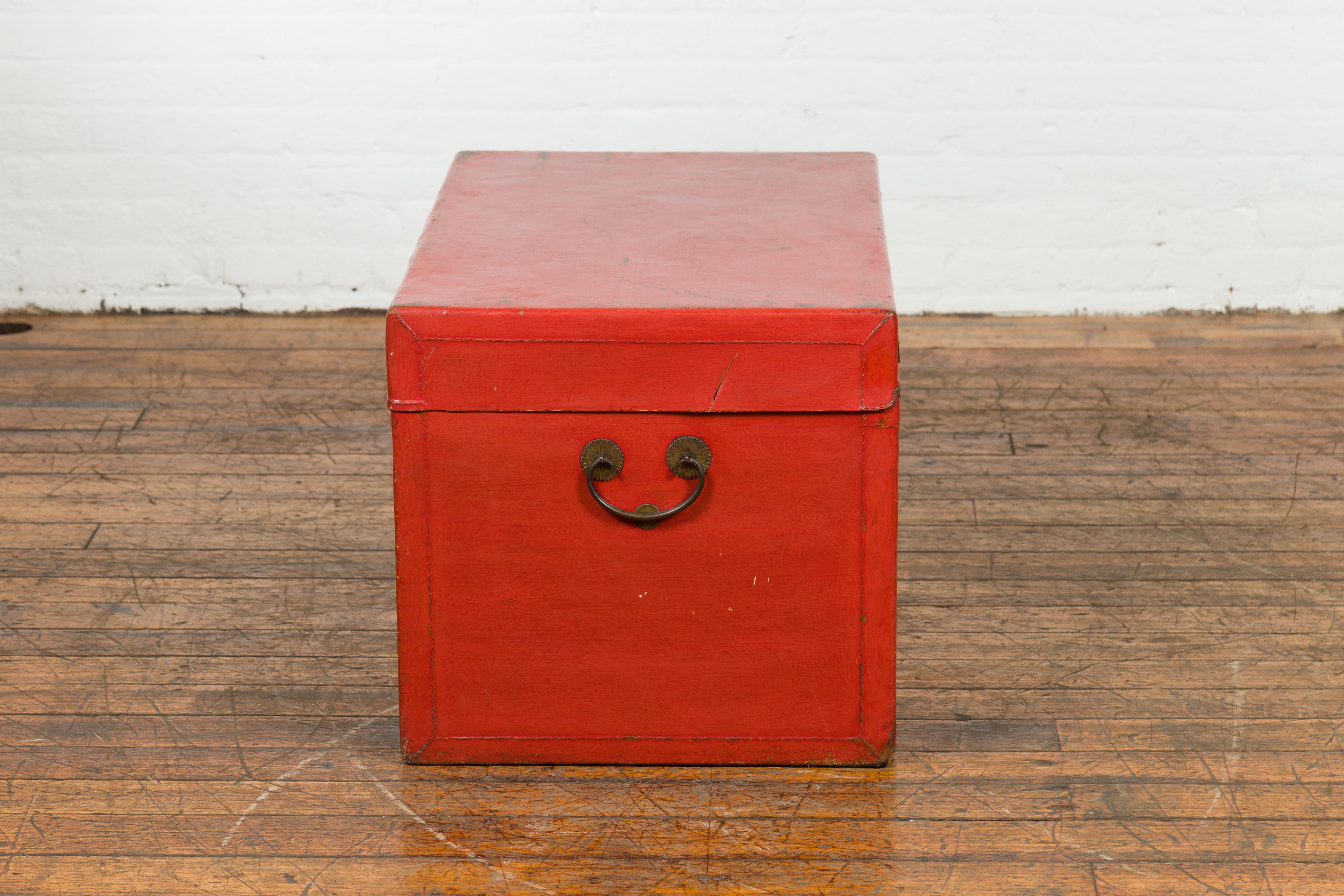 Red Vintage Wooden Trunk with Square Brass Latch For Sale 7