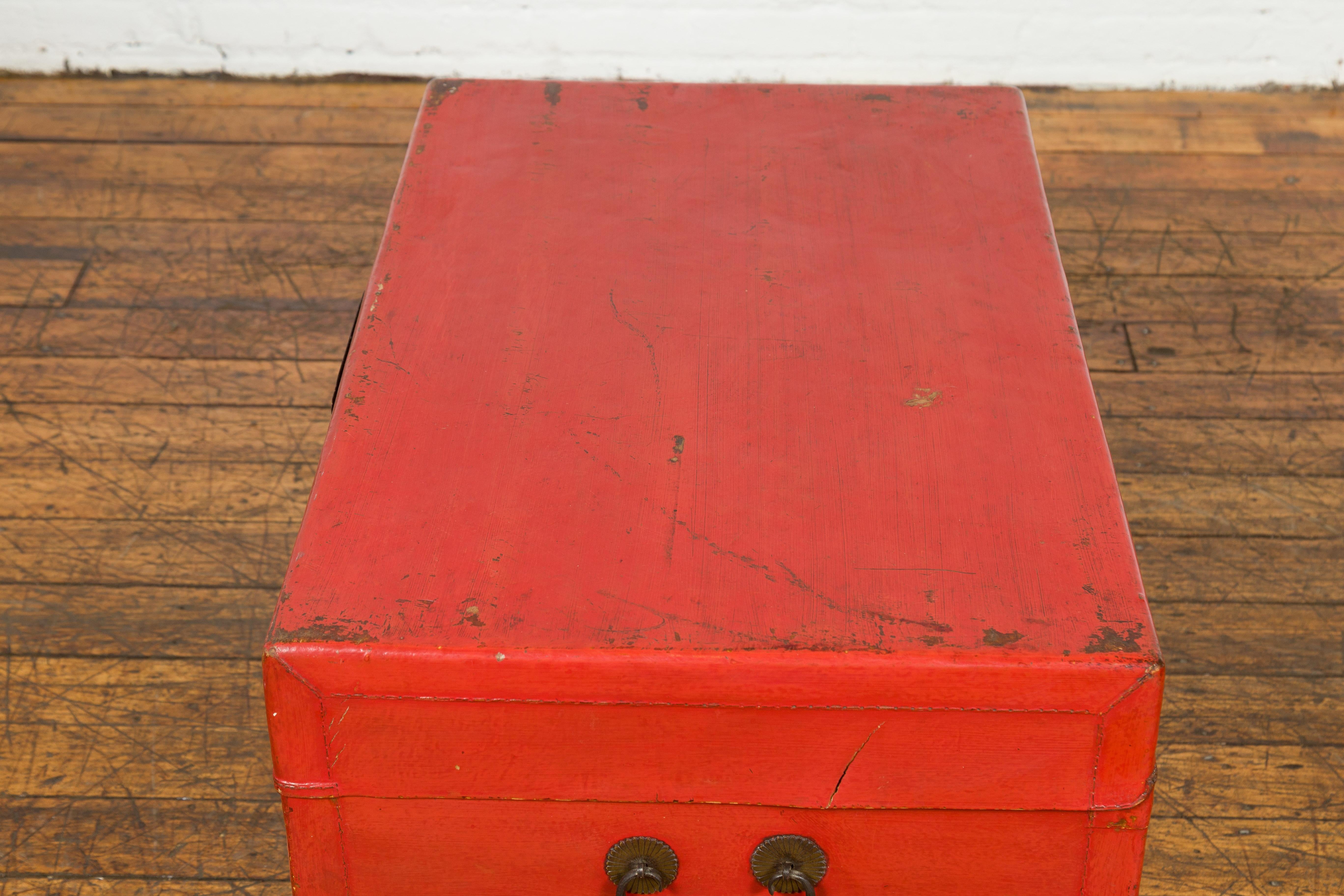 Red Vintage Wooden Trunk with Square Brass Latch For Sale 8