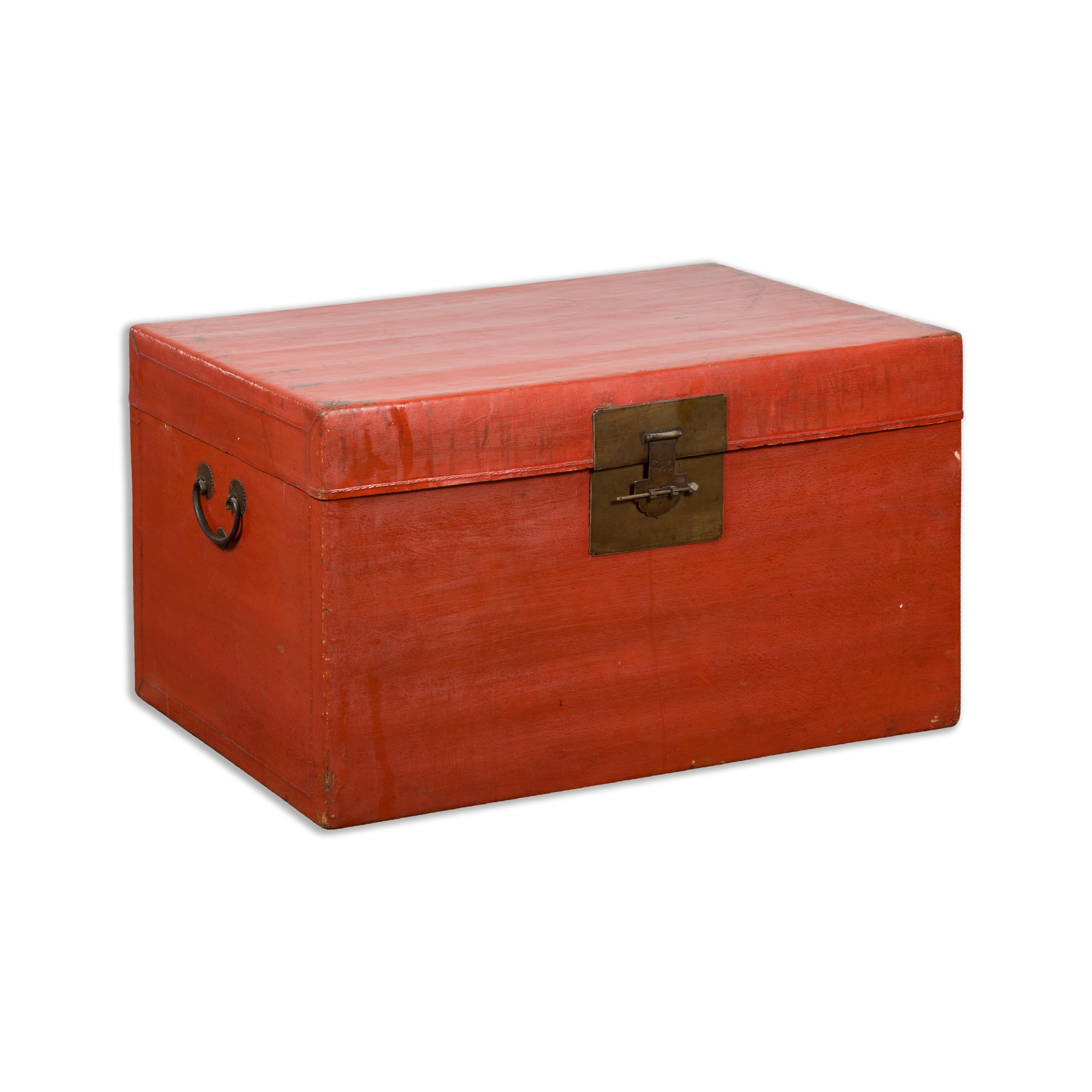 Red Vintage Wooden Trunk with Square Brass Latch For Sale 9