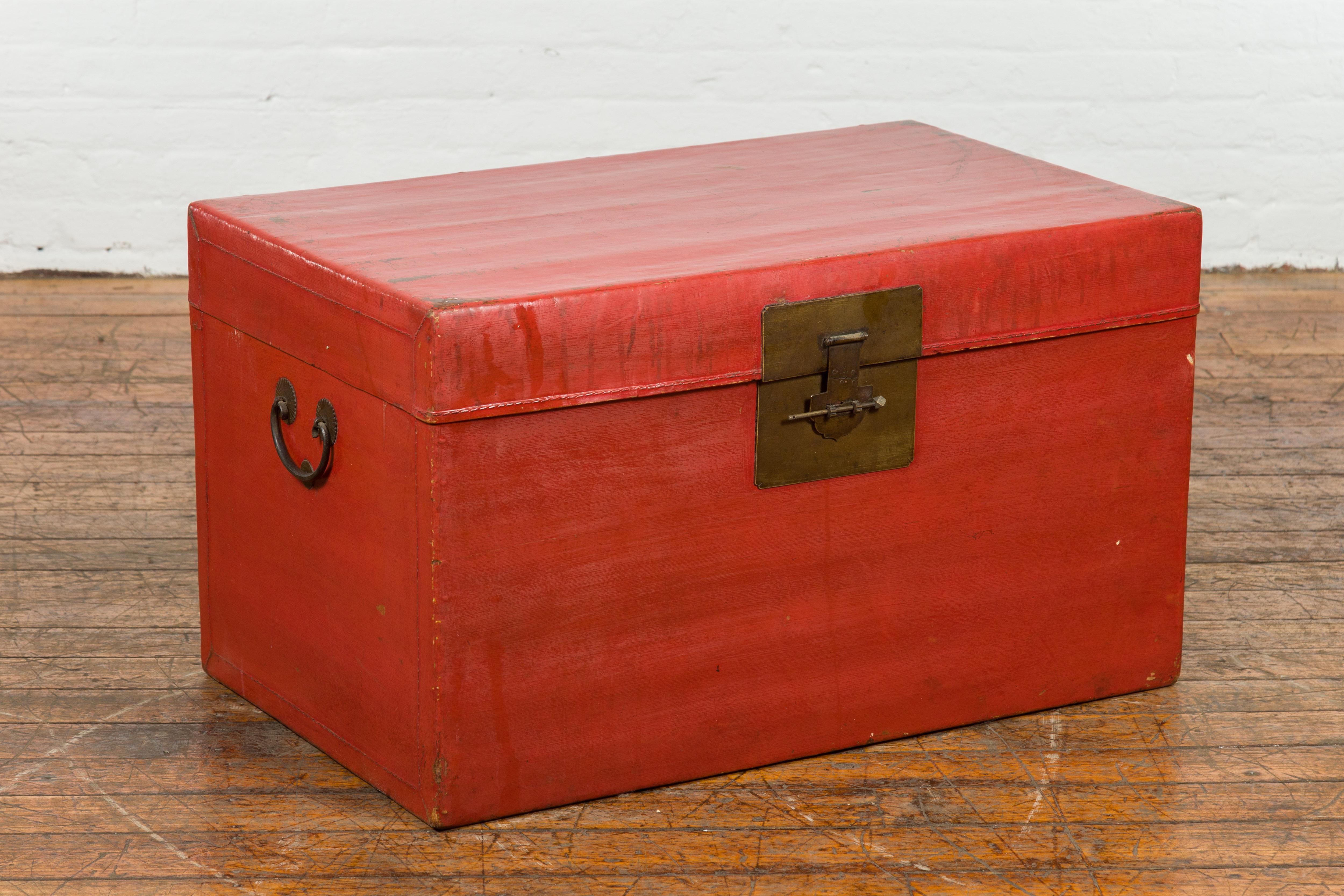 Chinese Red Vintage Wooden Trunk with Square Brass Latch For Sale