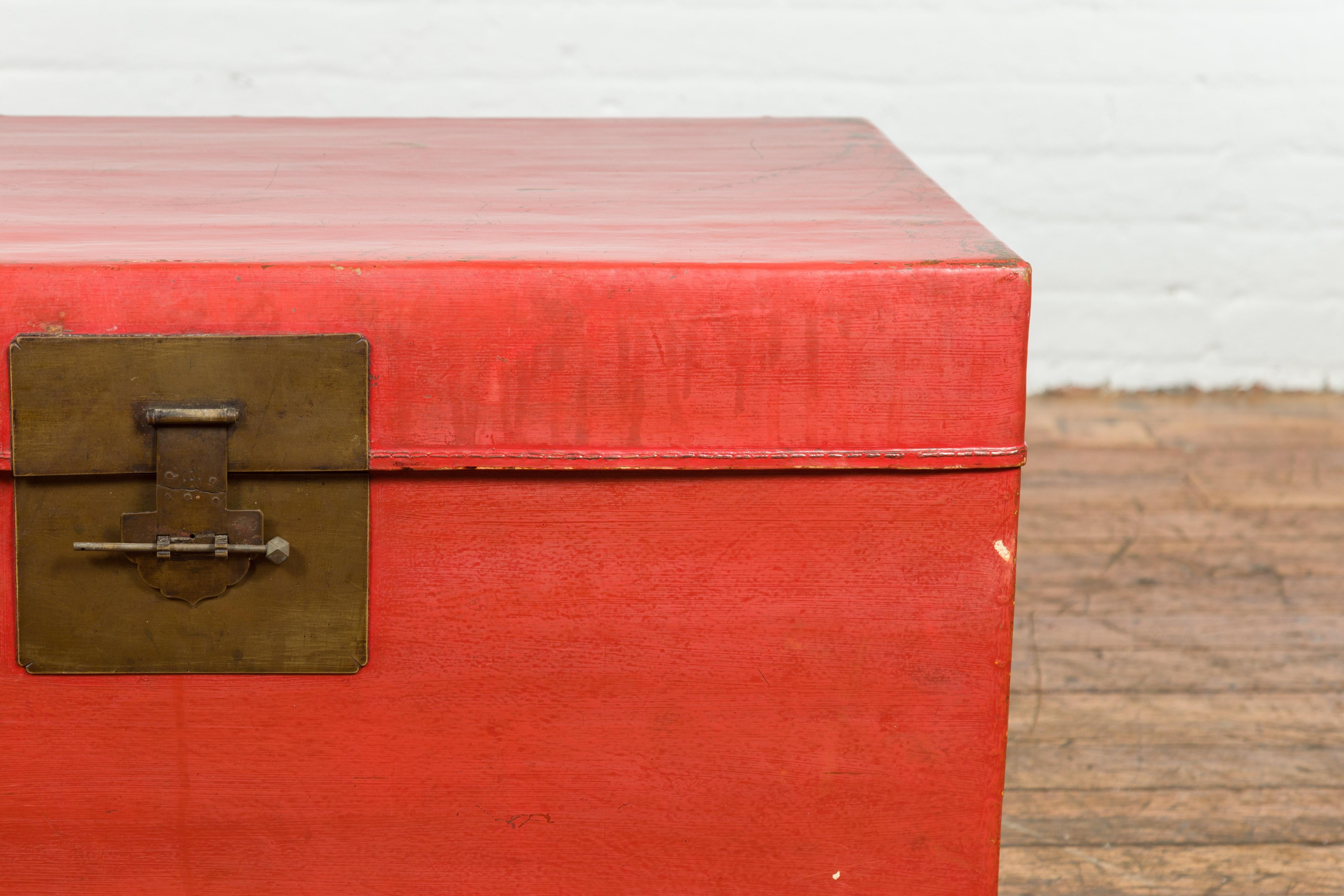 Lacquered Red Vintage Wooden Trunk with Square Brass Latch For Sale