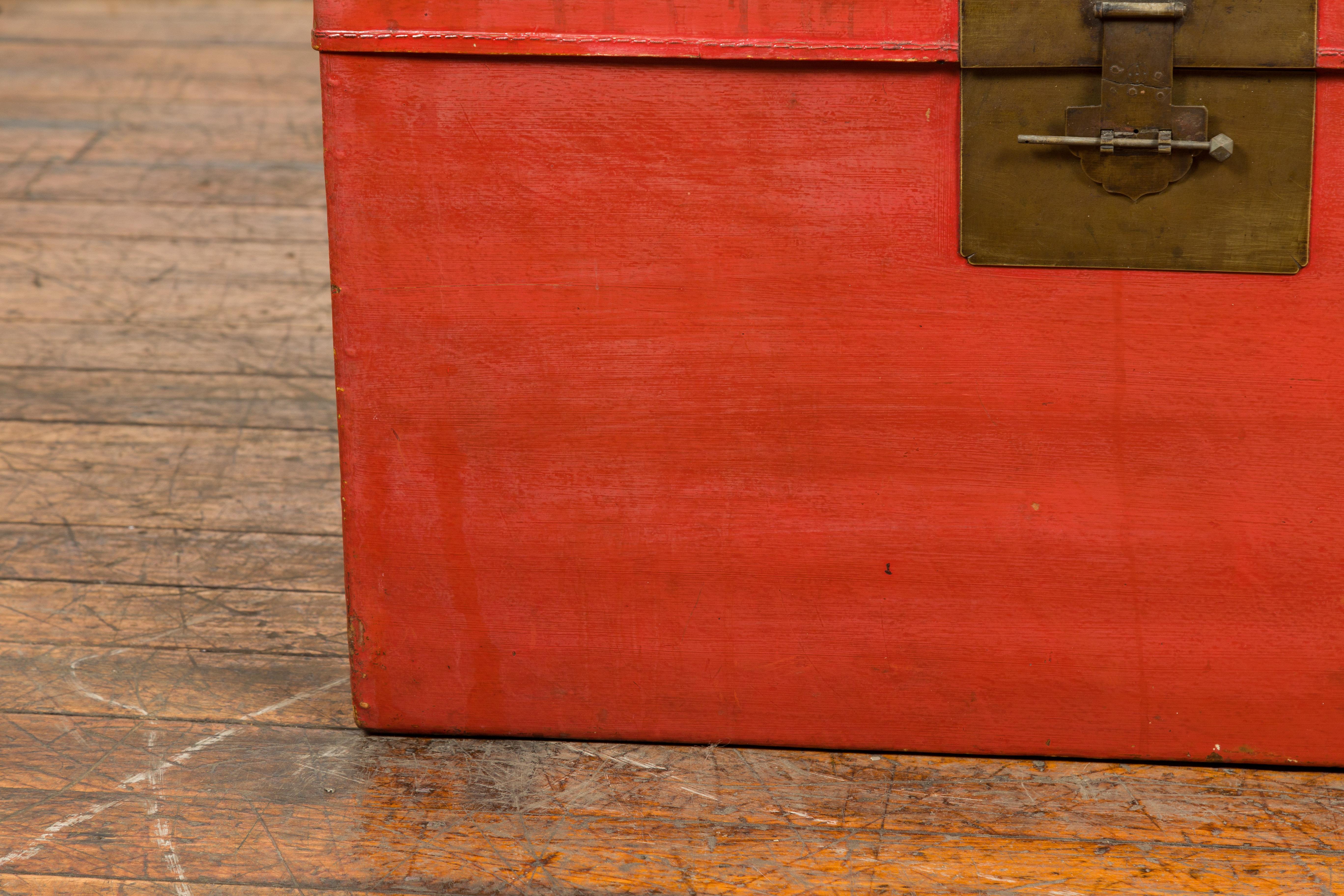 20th Century Red Vintage Wooden Trunk with Square Brass Latch For Sale