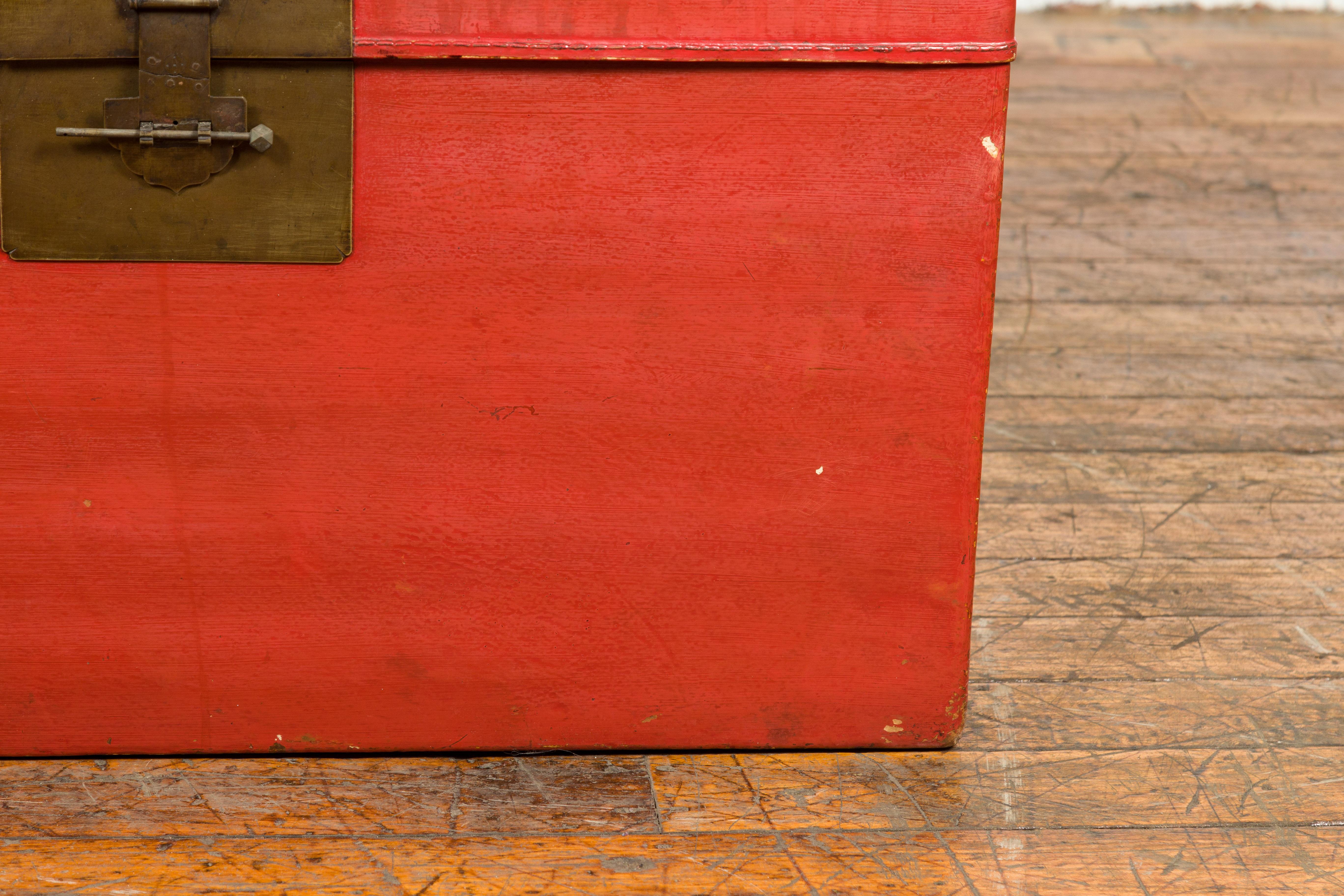 20th Century Red Vintage Wooden Trunk with Square Brass Latch For Sale