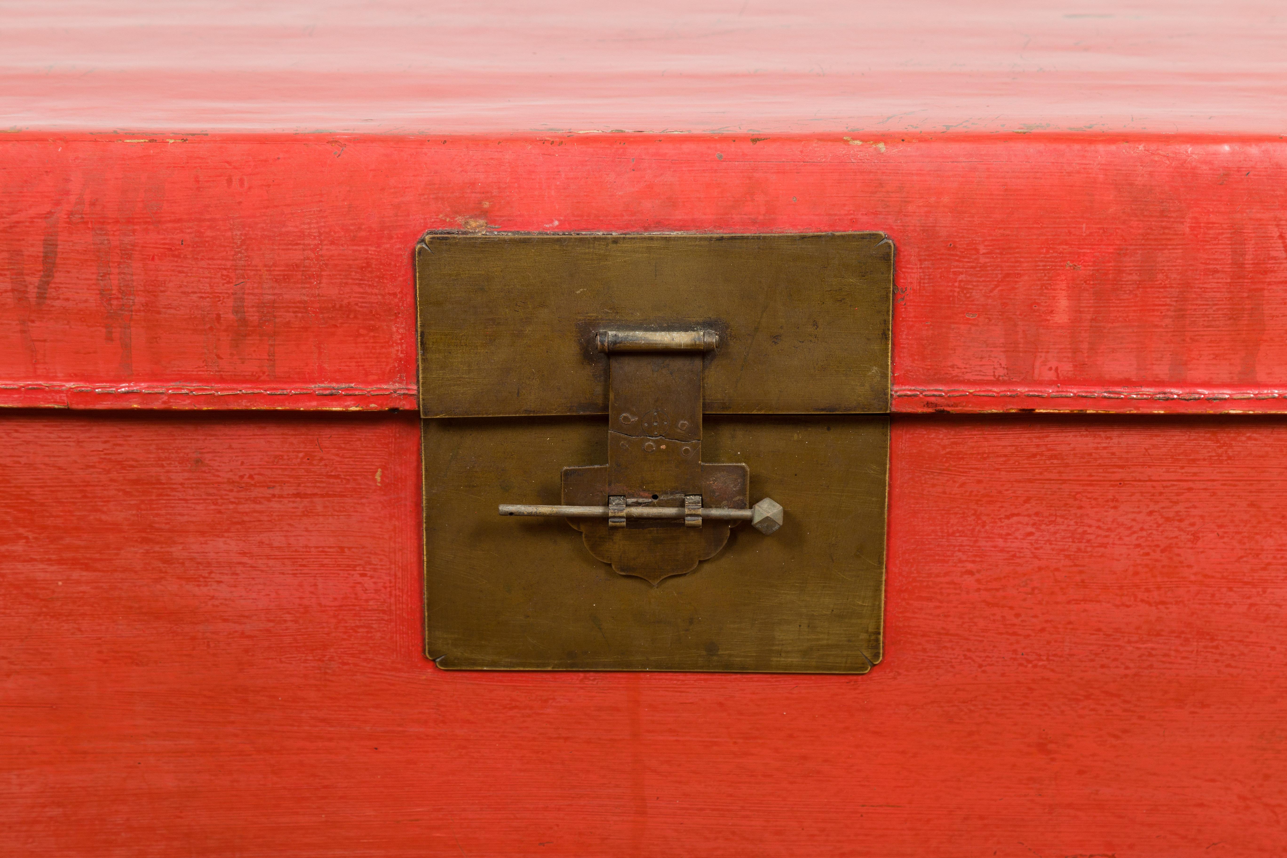 Red Vintage Wooden Trunk with Square Brass Latch For Sale 1