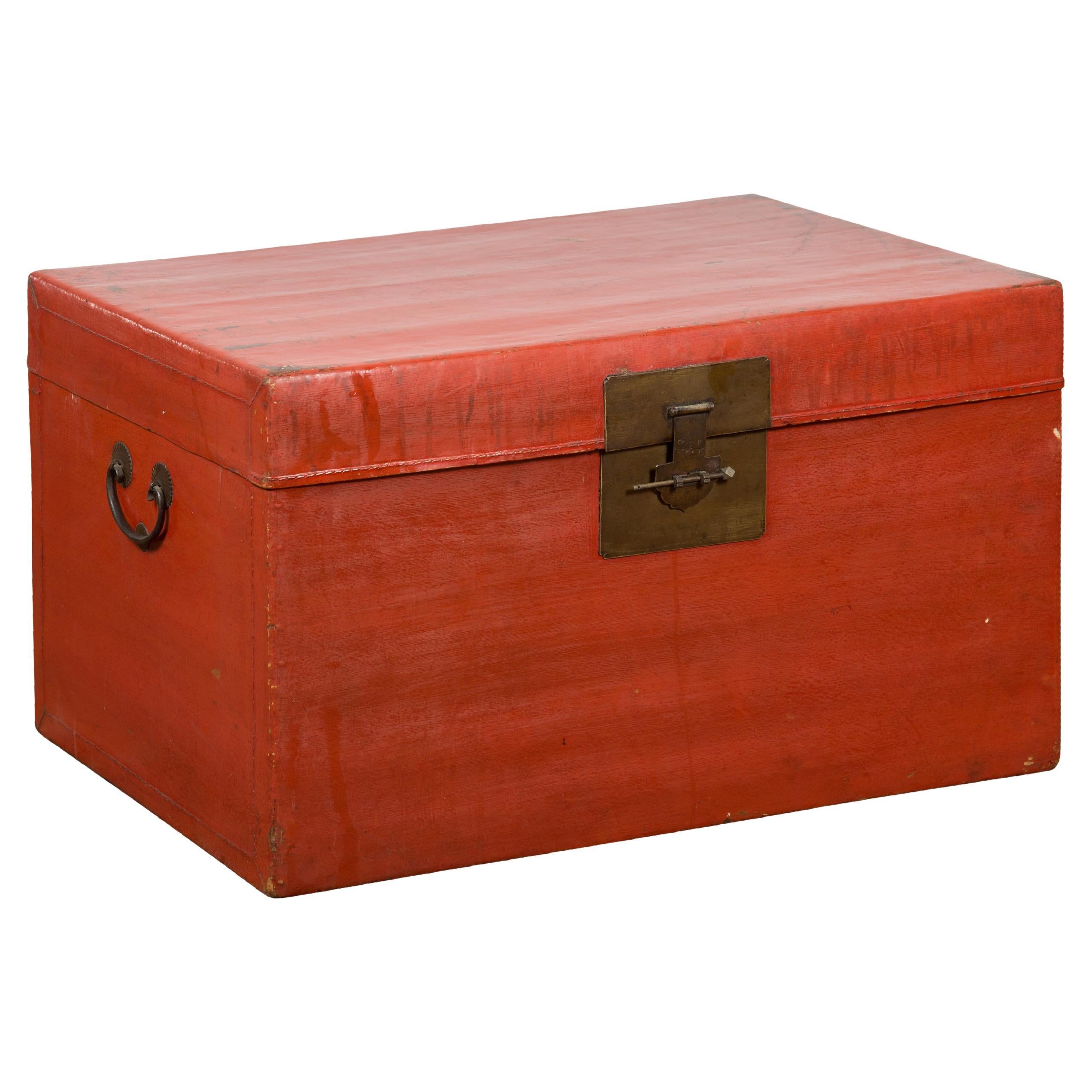 Red Vintage Wooden Trunk with Square Brass Latch For Sale