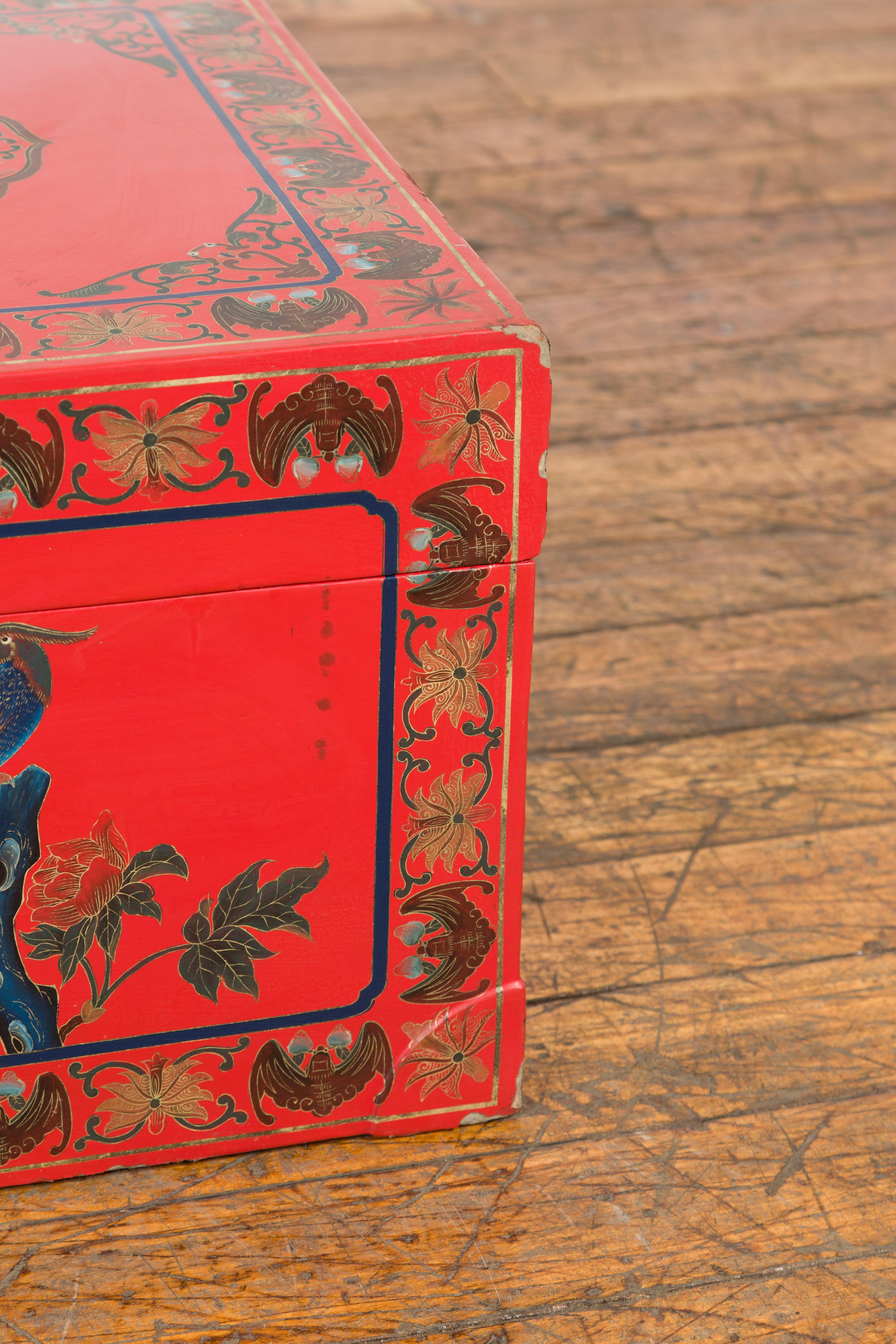 Red Vintage Trunk with Yellow Inside Lining & Blue Leaves on Back For Sale 3