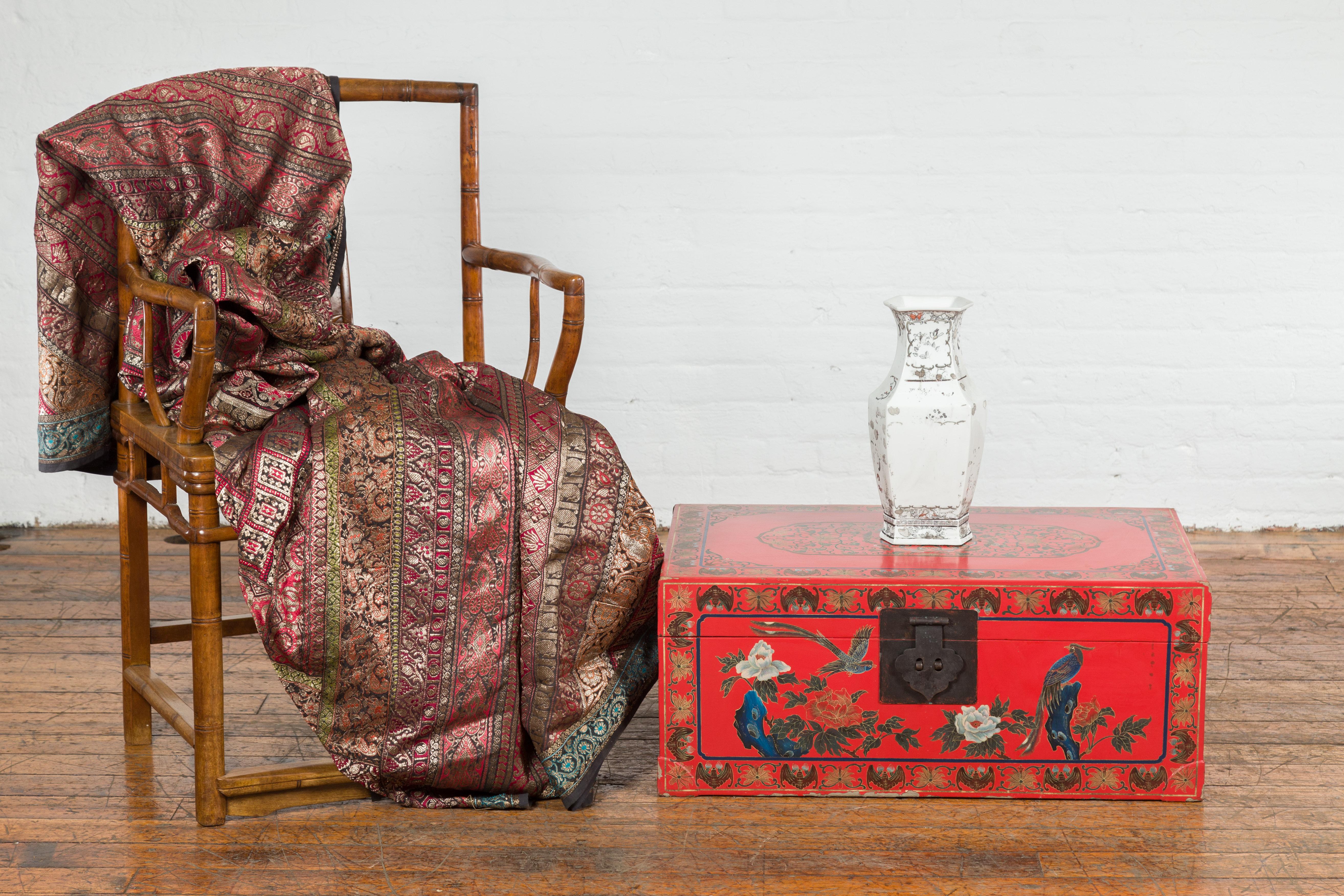 Red Vintage Trunk with Yellow Inside Lining & Blue Leaves on Back For Sale 5