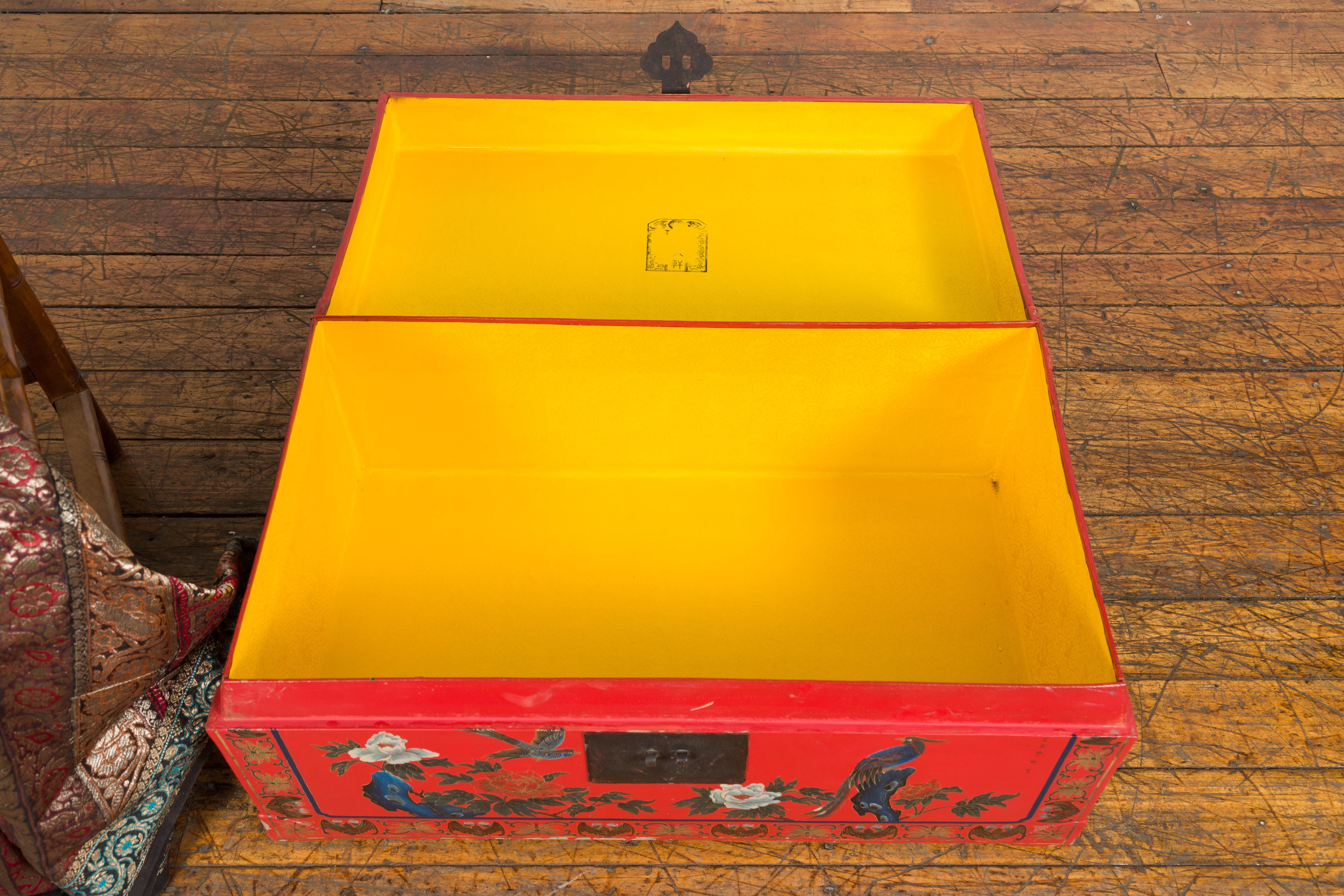 Red Vintage Trunk with Yellow Inside Lining & Blue Leaves on Back For Sale 6